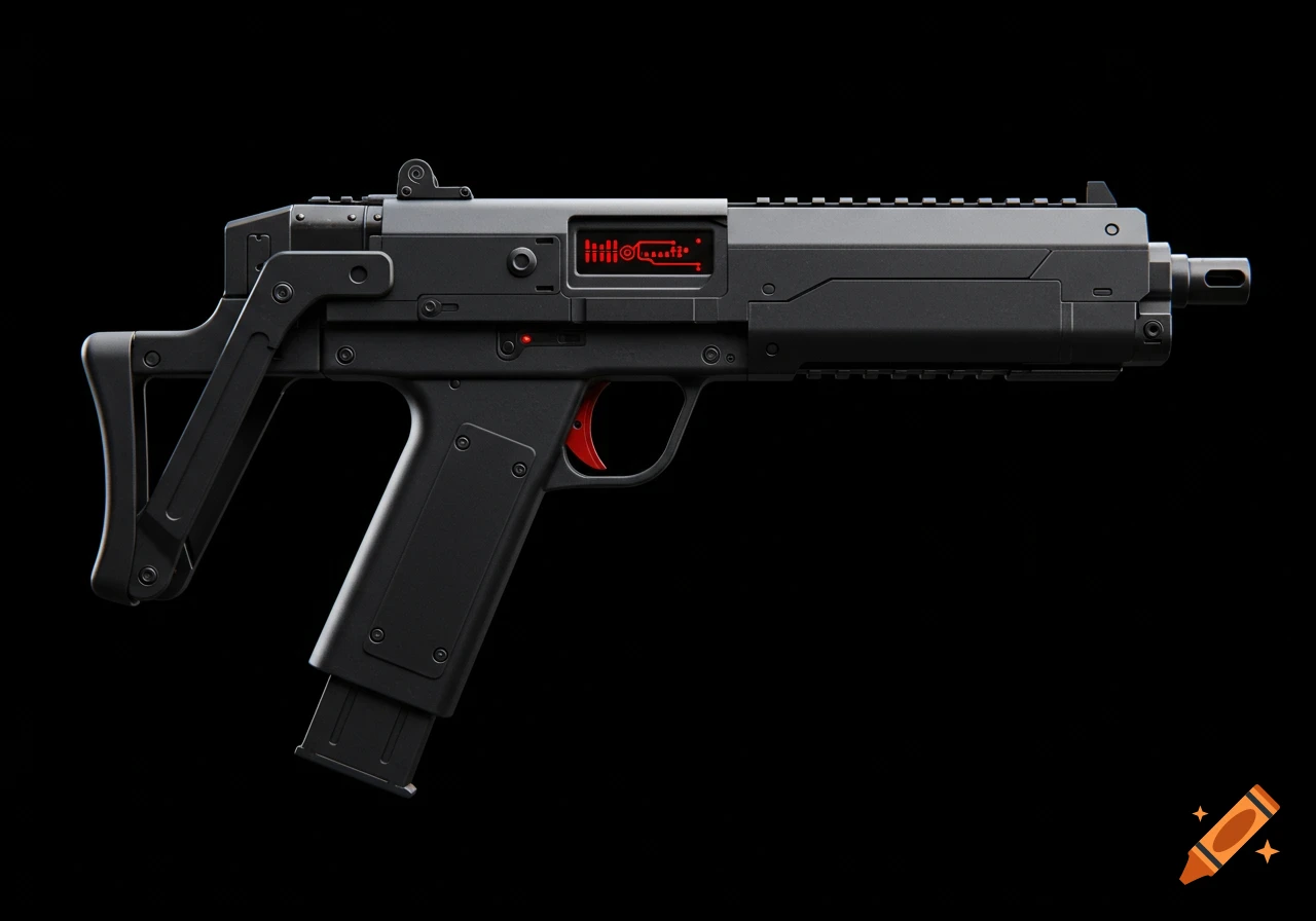 A high-quality 3D render of a futuristic jet-black submachine gun with a red glowing display on a black background.