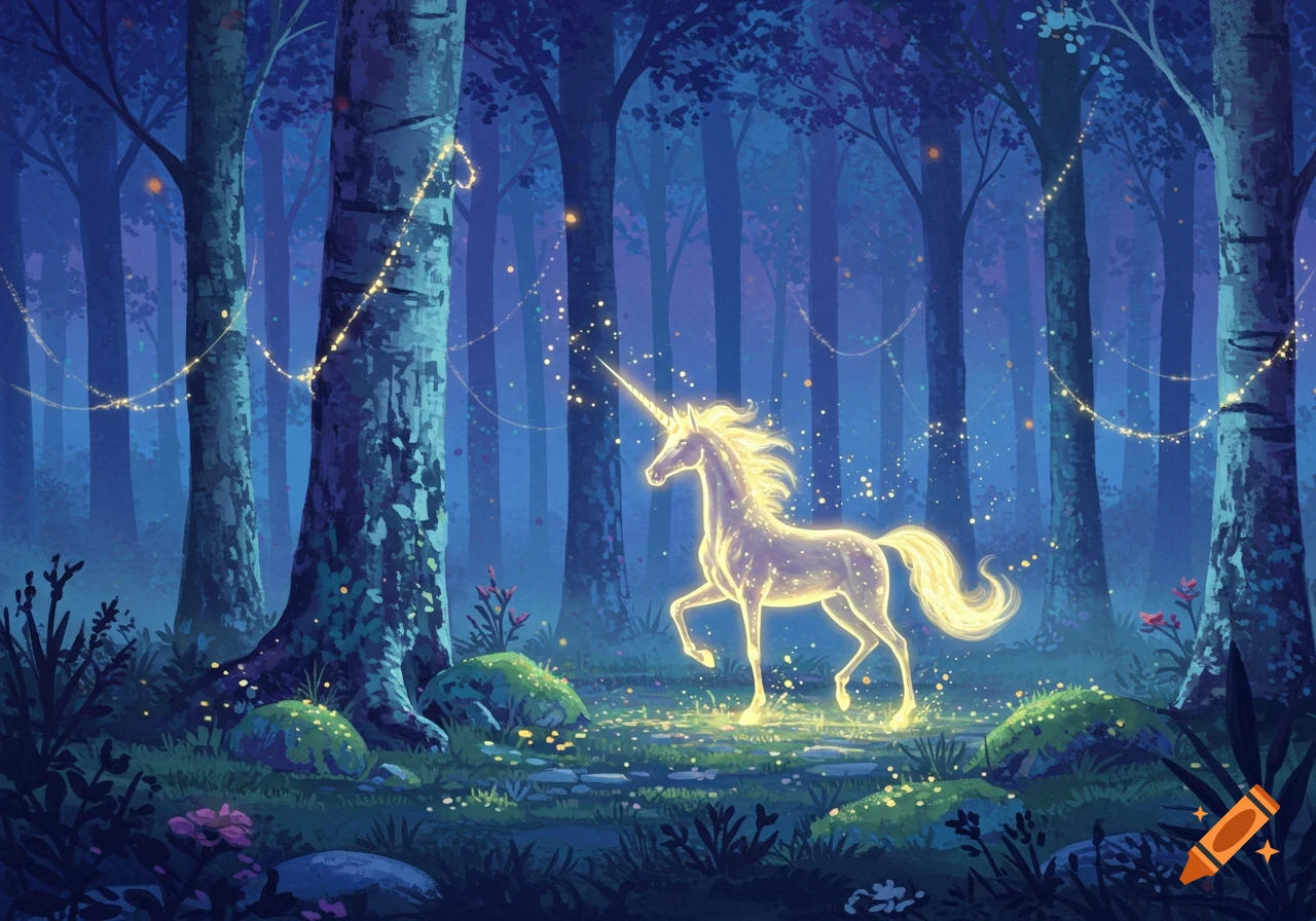 A glowing unicorn walks through a dark, magical forest lit by sparkling lights.