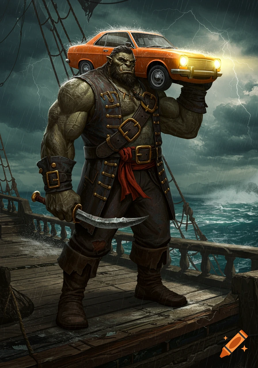 A muscular green orc pirate stands on a stormy ship deck, holding an orange car on his shoulder and a dagger in hand. Lightning flashes.