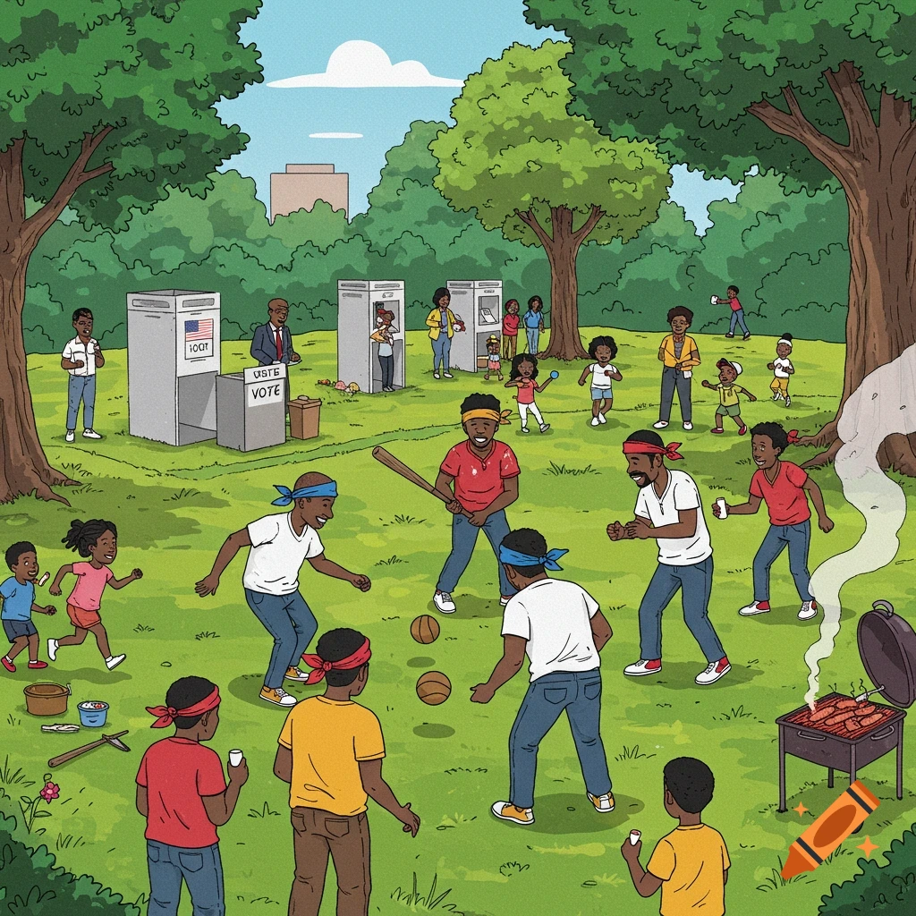 A cartoon illustration of Black people enjoying a park. Men play baseball while others vote at booths, kids run around, and someone barbecues.