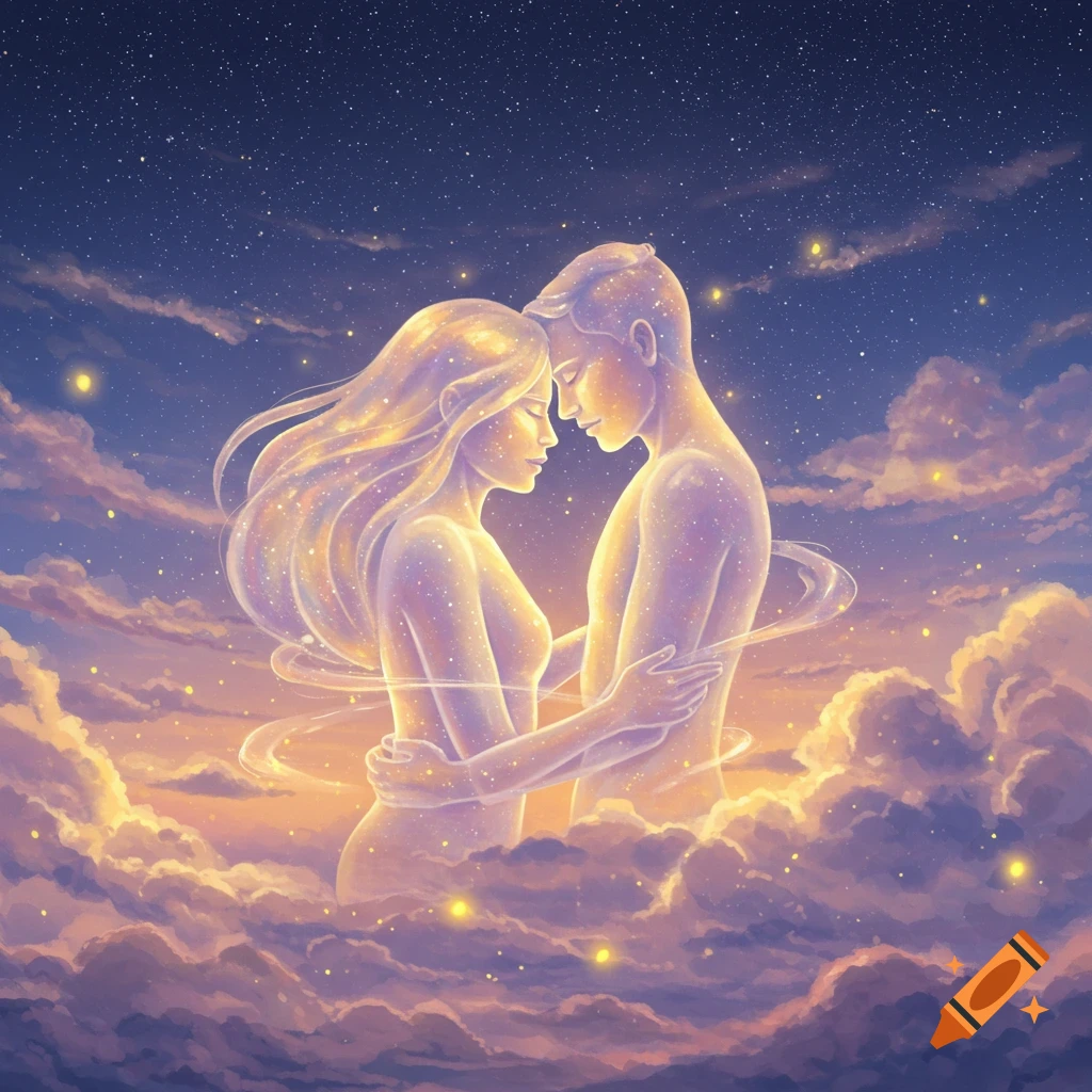 Two glowing, ethereal figures embracing amidst sparkling clouds and stars in a cosmic night sky. Digital art.