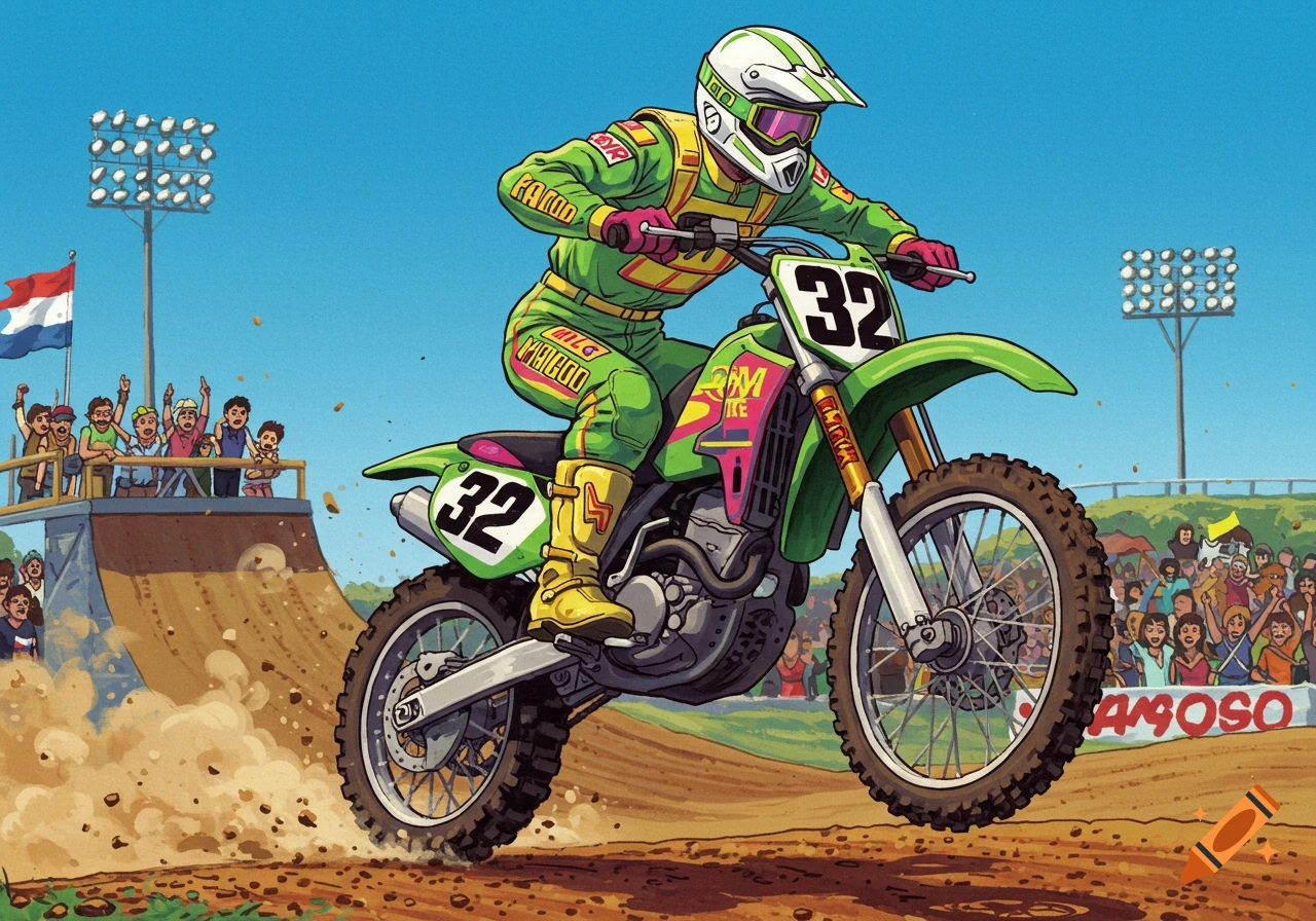 A cartoonish motocross racer in green and yellow gear on a dirt bike, mid-jump, with the number 32, in a stadium.