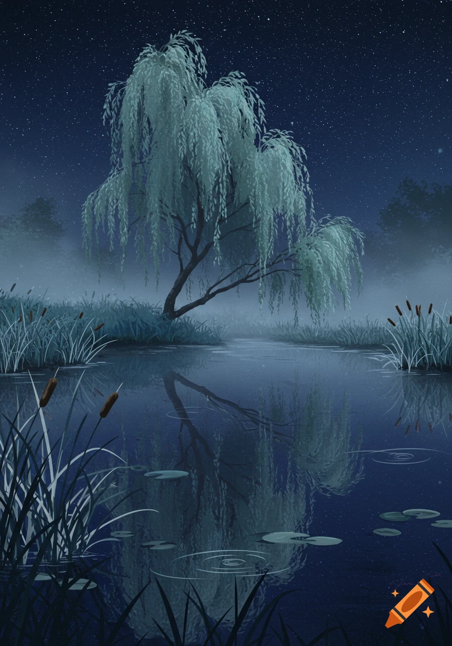 Stylized illustration of a weeping willow tree reflecting in a dark pond at night, with cattails under a starry sky.