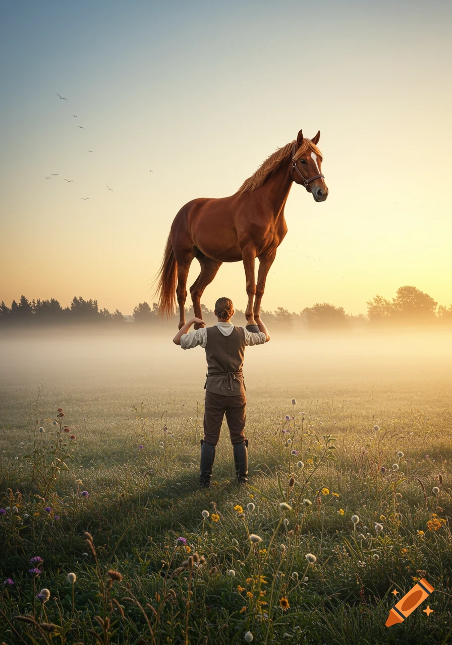 A person stands in a misty field at sunrise, holding a large brown horse on their shoulders.