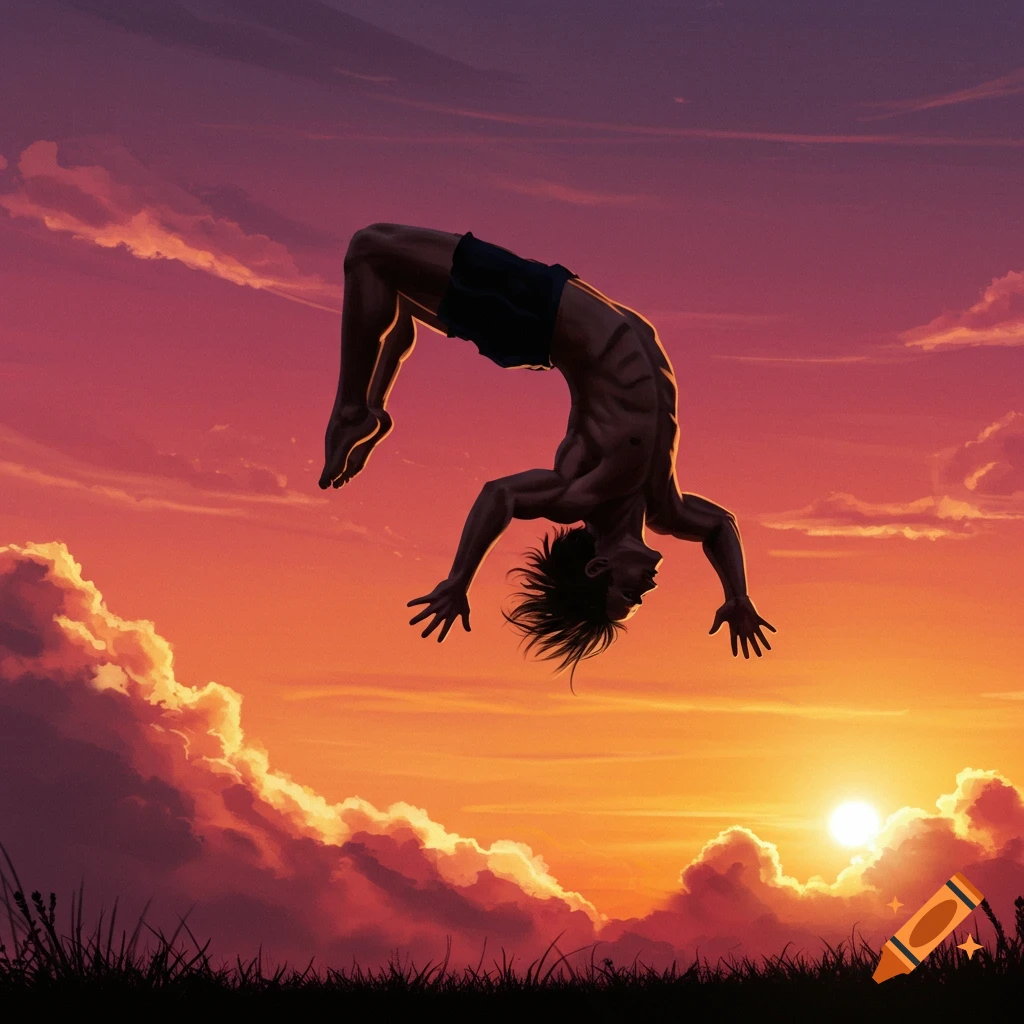 An athletic person performs a backflip against a vibrant orange and purple sunset sky with clouds and a grass silhouette.