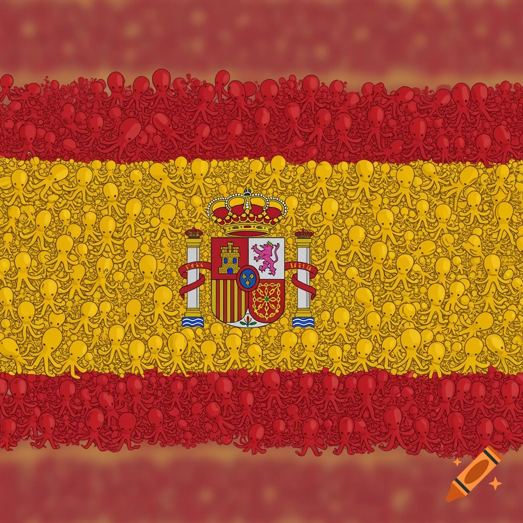 Spanish flag made of tiny red and yellow octopuses, with the coat of arms in the center.