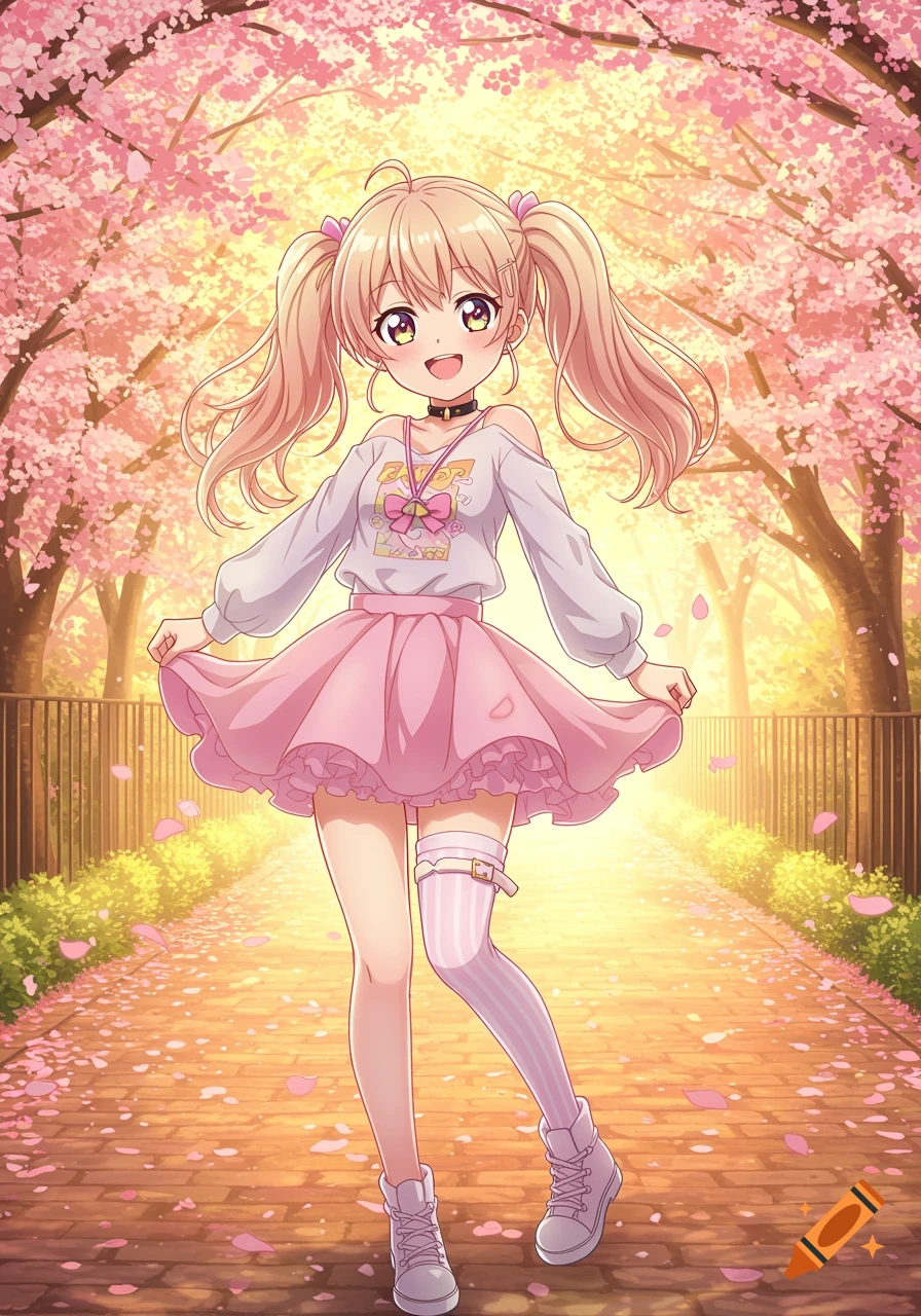 An anime girl with blonde pigtails in a pink skirt and white top smiles while standing on a path covered in cherry blossoms under blooming trees.