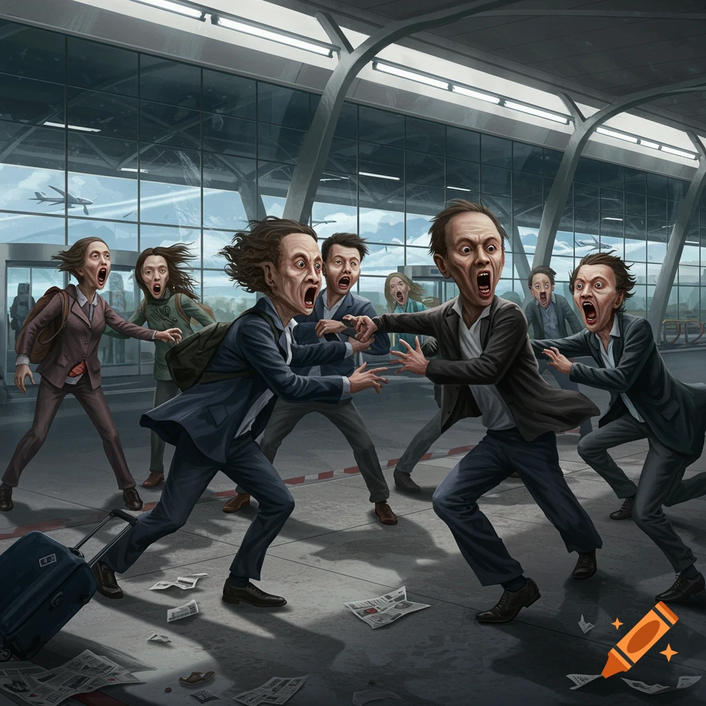 A stylized illustration of several people with distorted, screaming faces fighting and running in panic inside an airport terminal.