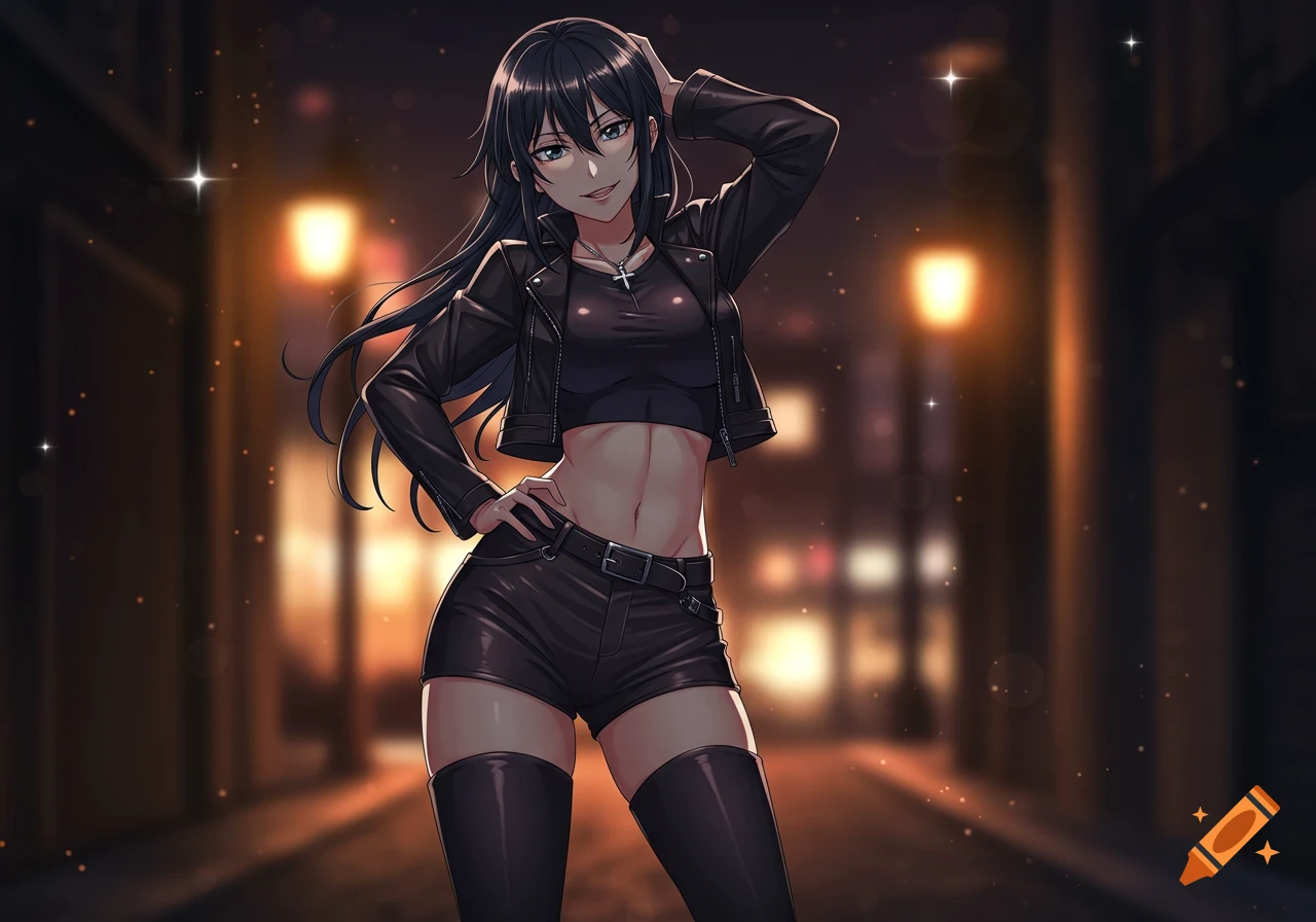 Anime woman with long black hair in a black leather jacket, shorts, and thigh-high boots, standing confidently in a dim urban alley.