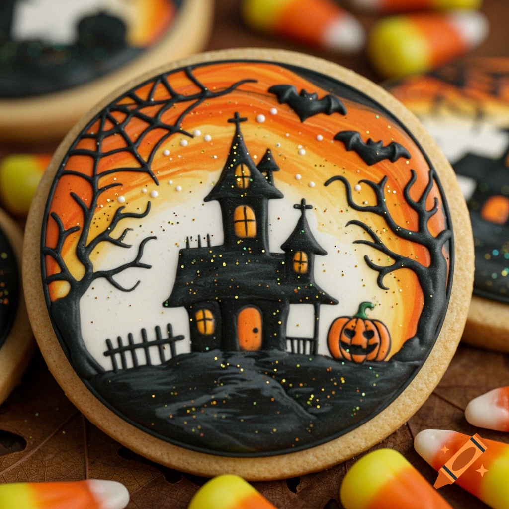 A decorated Halloween sugar cookie featuring a haunted house, bats, and a pumpkin against an orange sky, surrounded by candy corn.