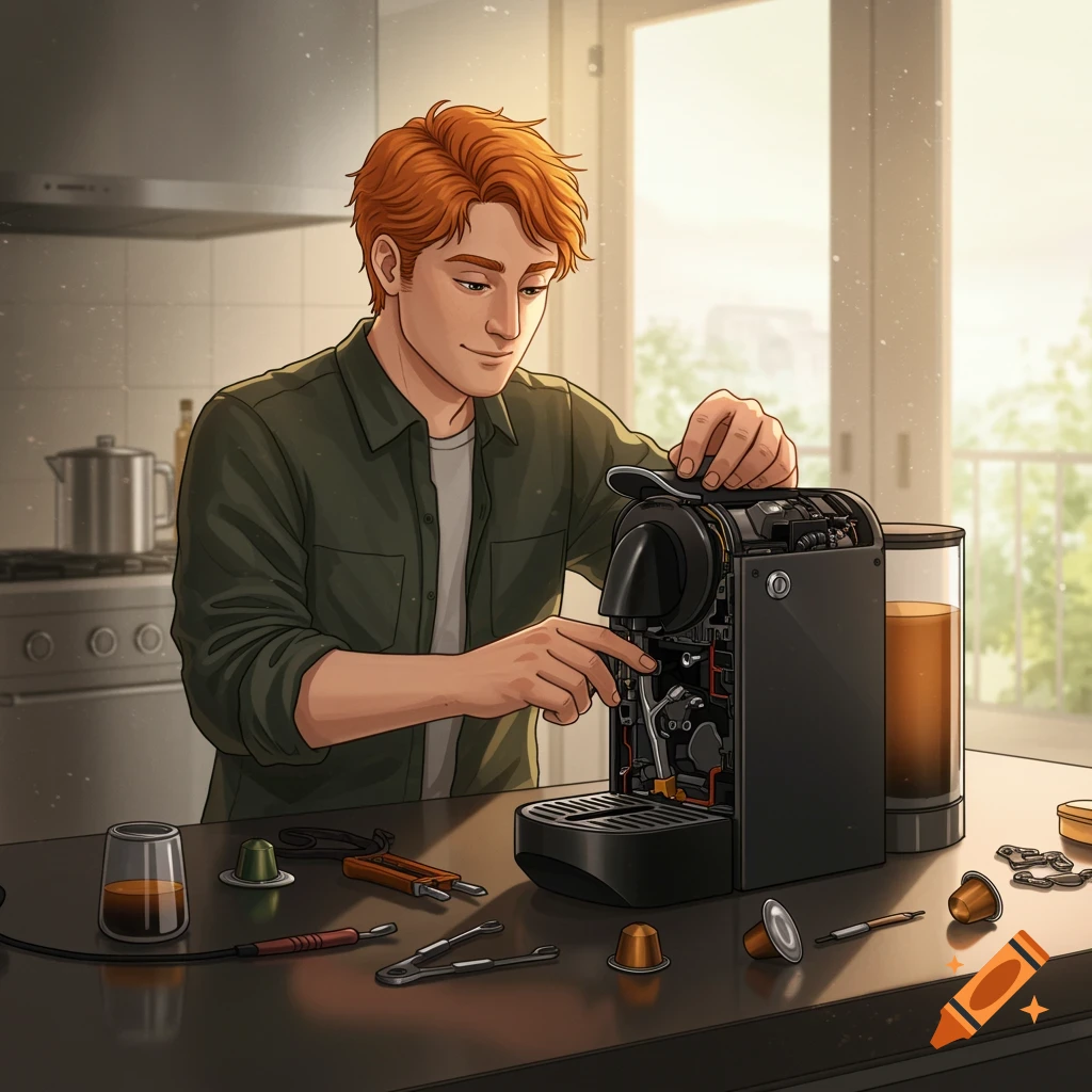 Illustrated man with red hair fixing a coffee machine on a kitchen counter.