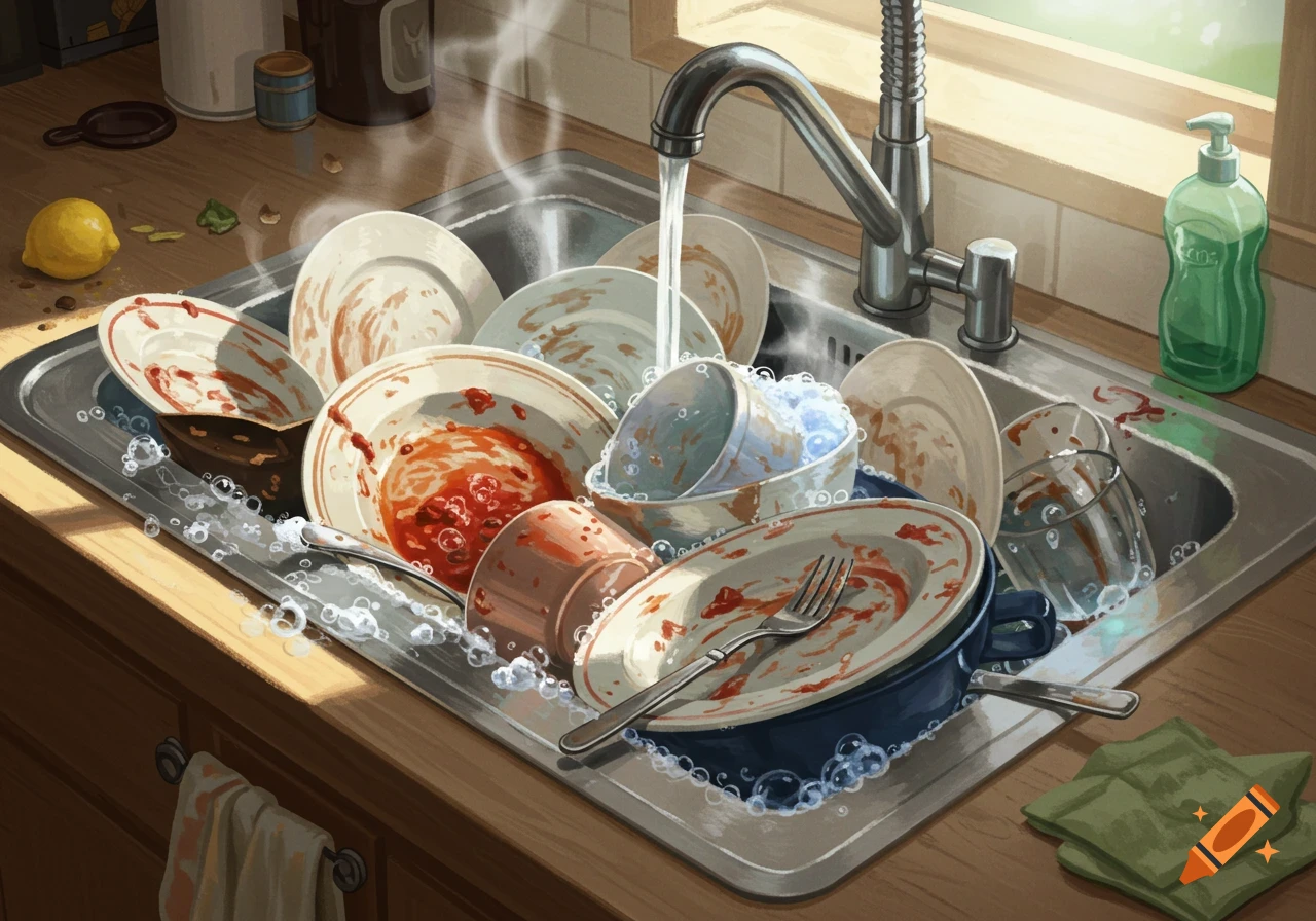 A detailed drawing of dirty dishes, including plates, bowls, and cutlery, piled in a kitchen sink with running water and soap bubbles.