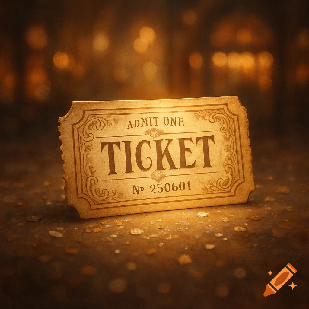 A vintage-style 'ADMIT ONE TICKET' with ornate borders on a textured surface, with a warm, blurred background.