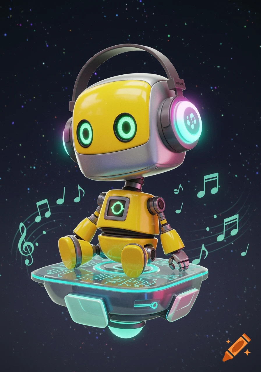 A happy yellow cartoon robot wearing headphones sits on a glowing, floating platform with musical notes around it against a starry background.