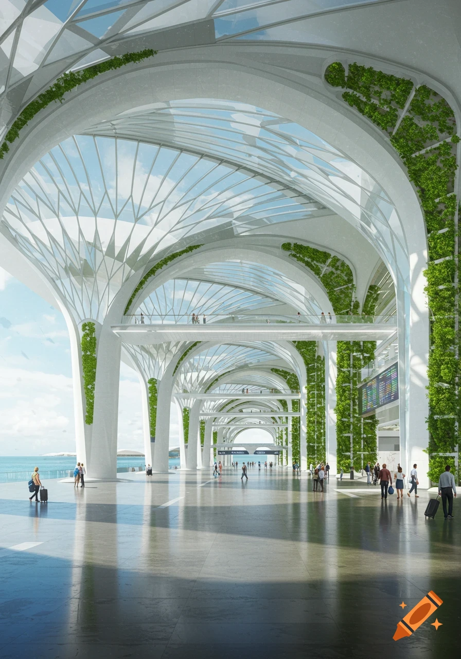 A vast, modern airport terminal with high white arched ceilings, glass roofs, and green vertical gardens on pillars. People walk on the polished floor and an elevated walkway, with an ocean view in the background.