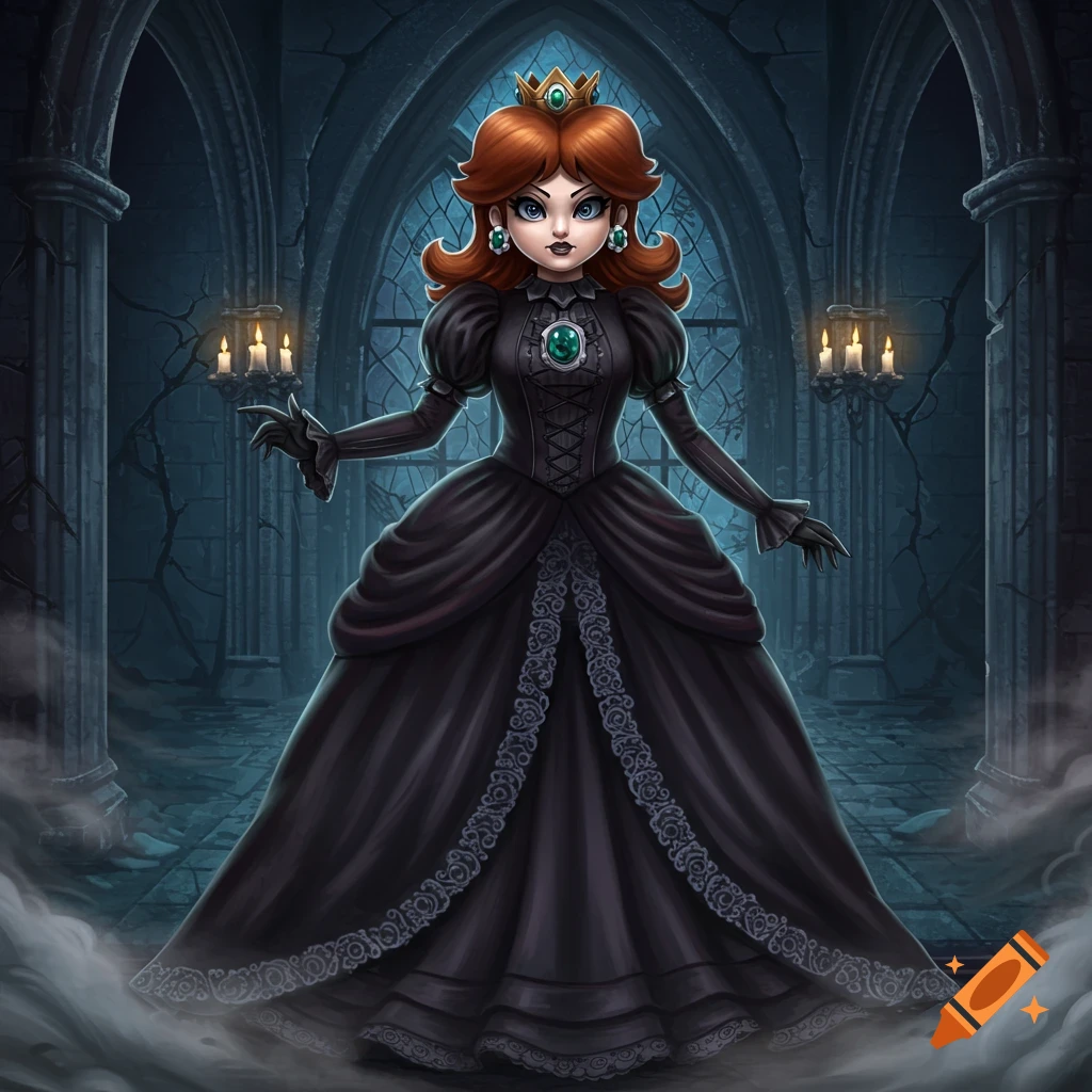 Princess Daisy from Mario in a black gothic dress stands in a dark, mysterious castle hall with arched windows and candles.