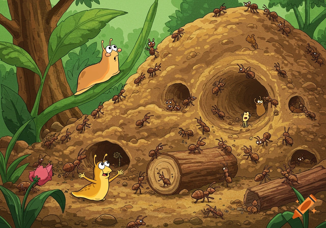 A cartoon scene shows brown ants swarming a large ant hill with logs. Two yellow slugs are in a forest setting.