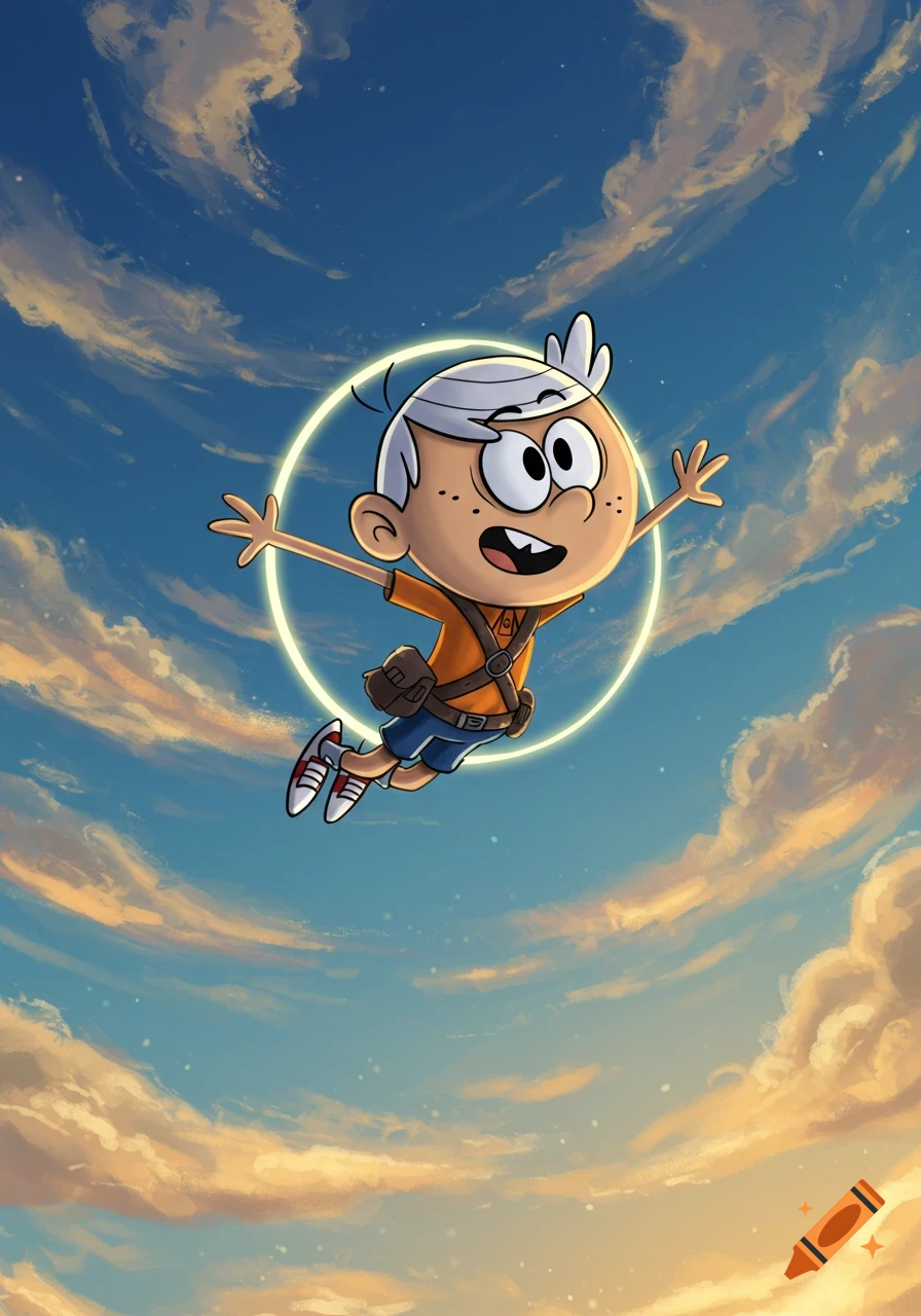 Lincoln Loud, a cartoon boy, flies with outstretched arms in a vibrant blue and orange cloudy sky, encircled by a glowing white ring.
