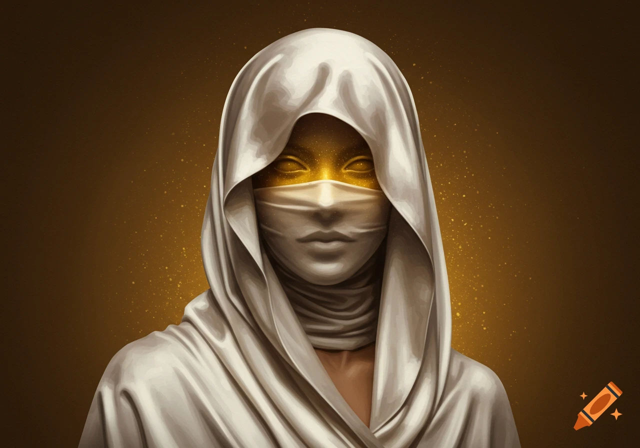 Mysterious hooded figure in white cloth, with sparkling gold eyes and face, against a dark gold background.