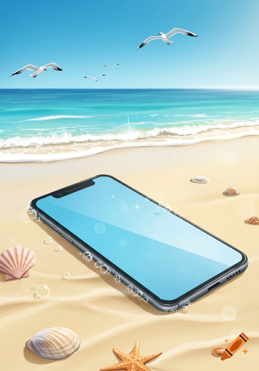 A smartphone lies on a sandy beach with seashells and a starfish, as seagulls fly over the ocean.