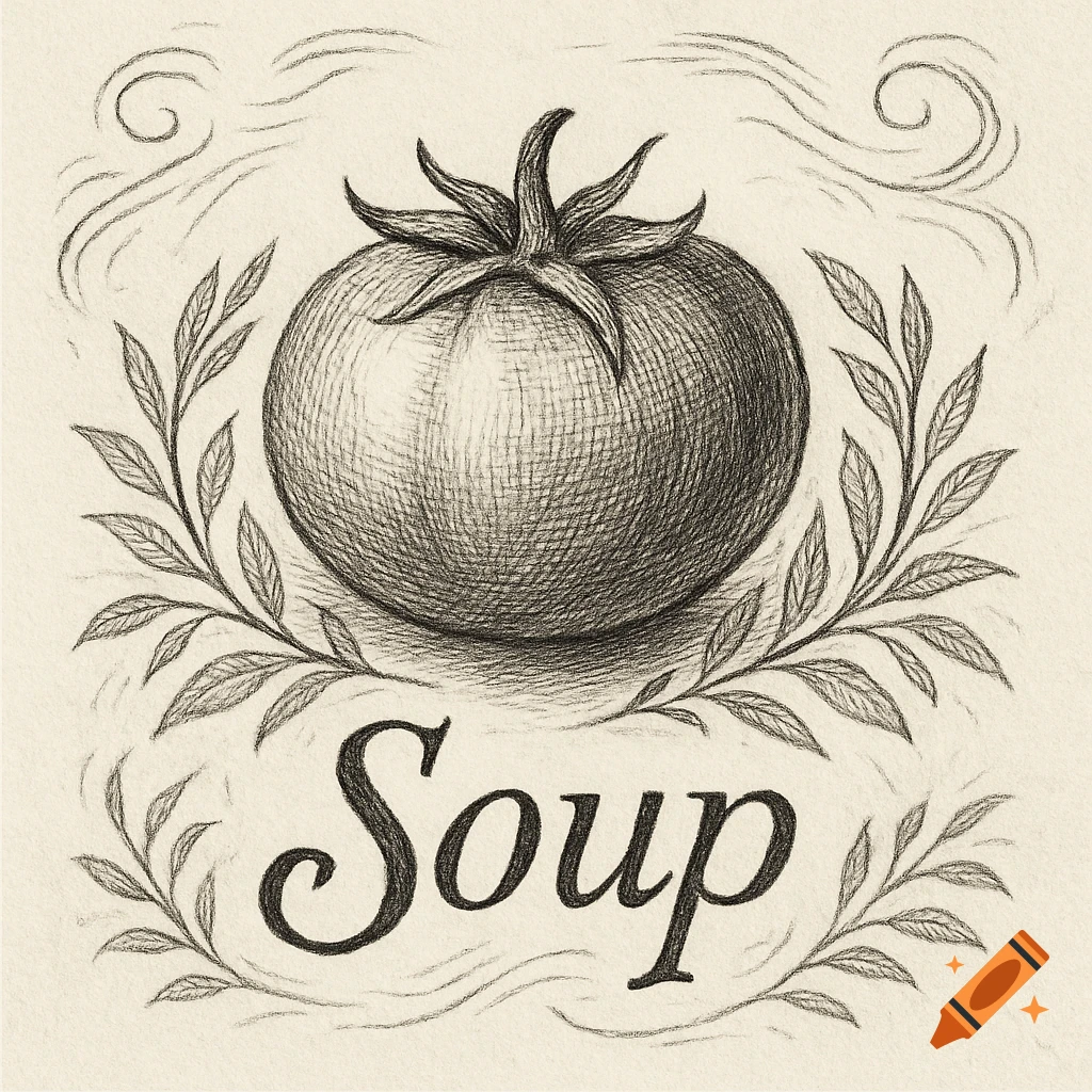 A black and white pencil sketch of a tomato with leafy branches and swirls, and the word "Soup" written below.