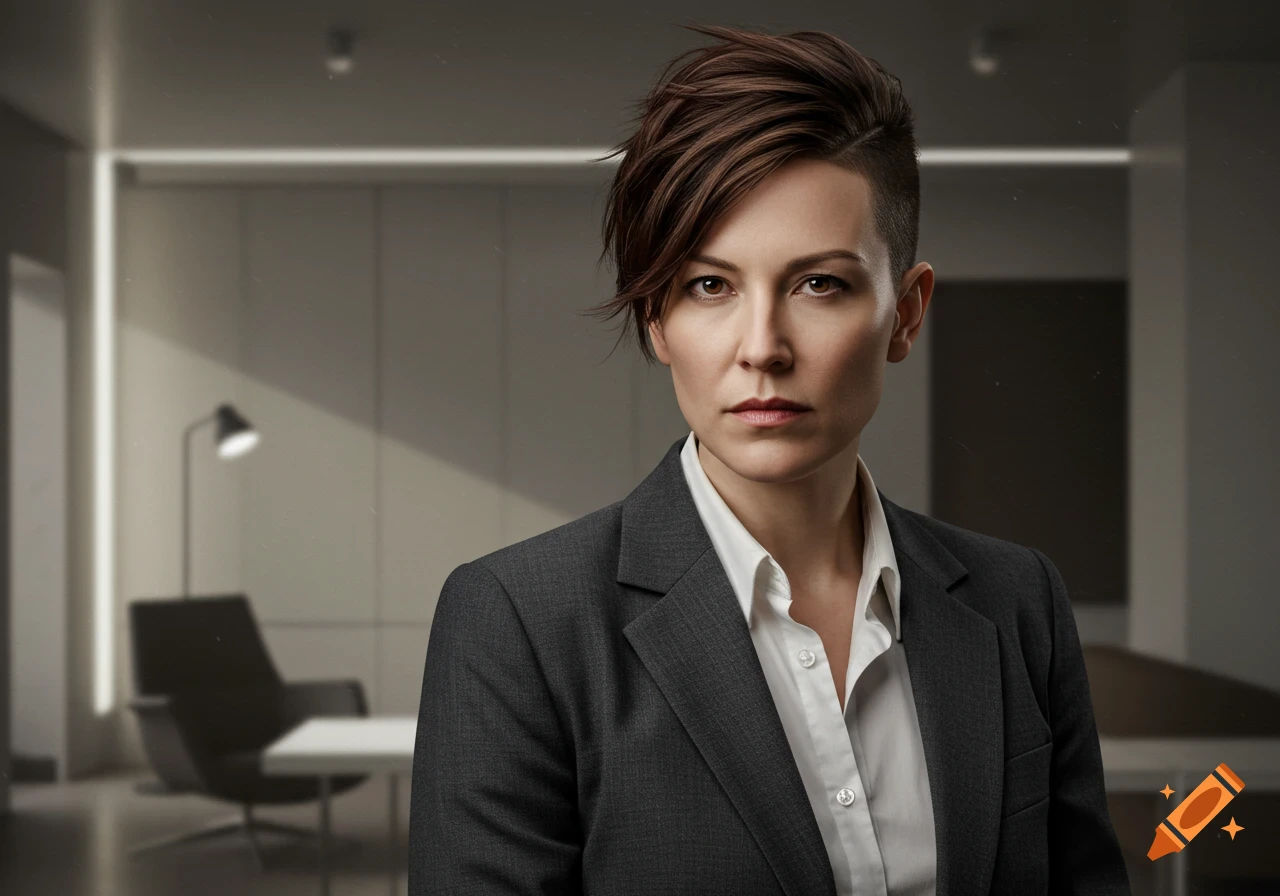 A stern woman with an undercut hairstyle and a business suit looks directly at the viewer in an office.