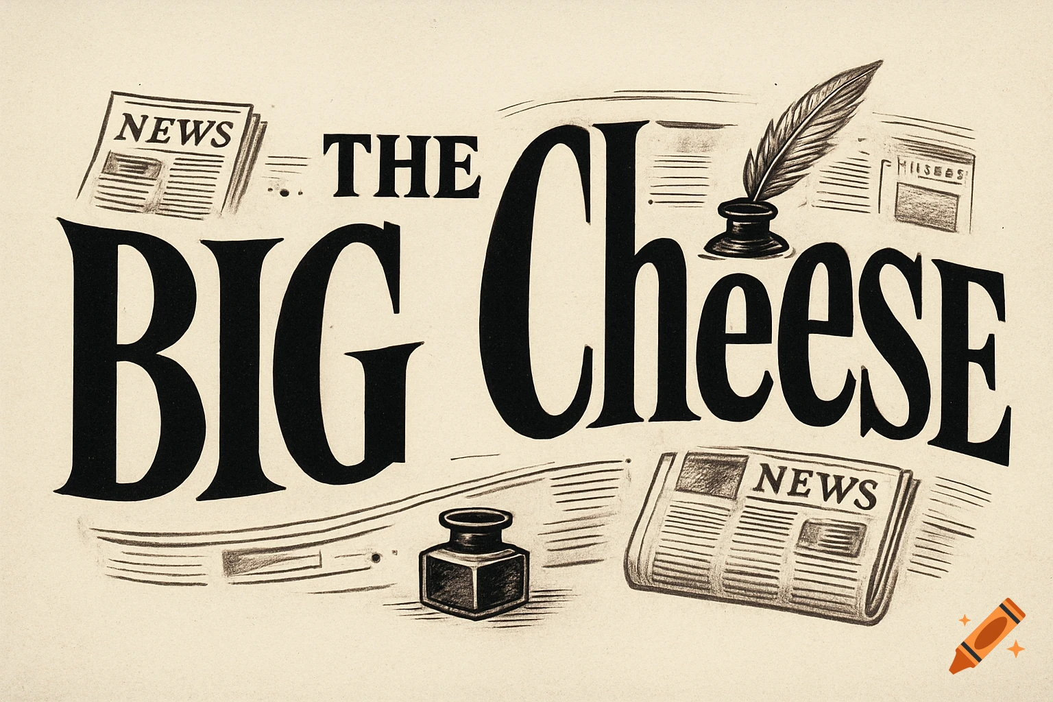 Vintage style illustration of the words "THE BIG Cheese" with an inkwell, quill, and newspapers with "NEWS" headlines.