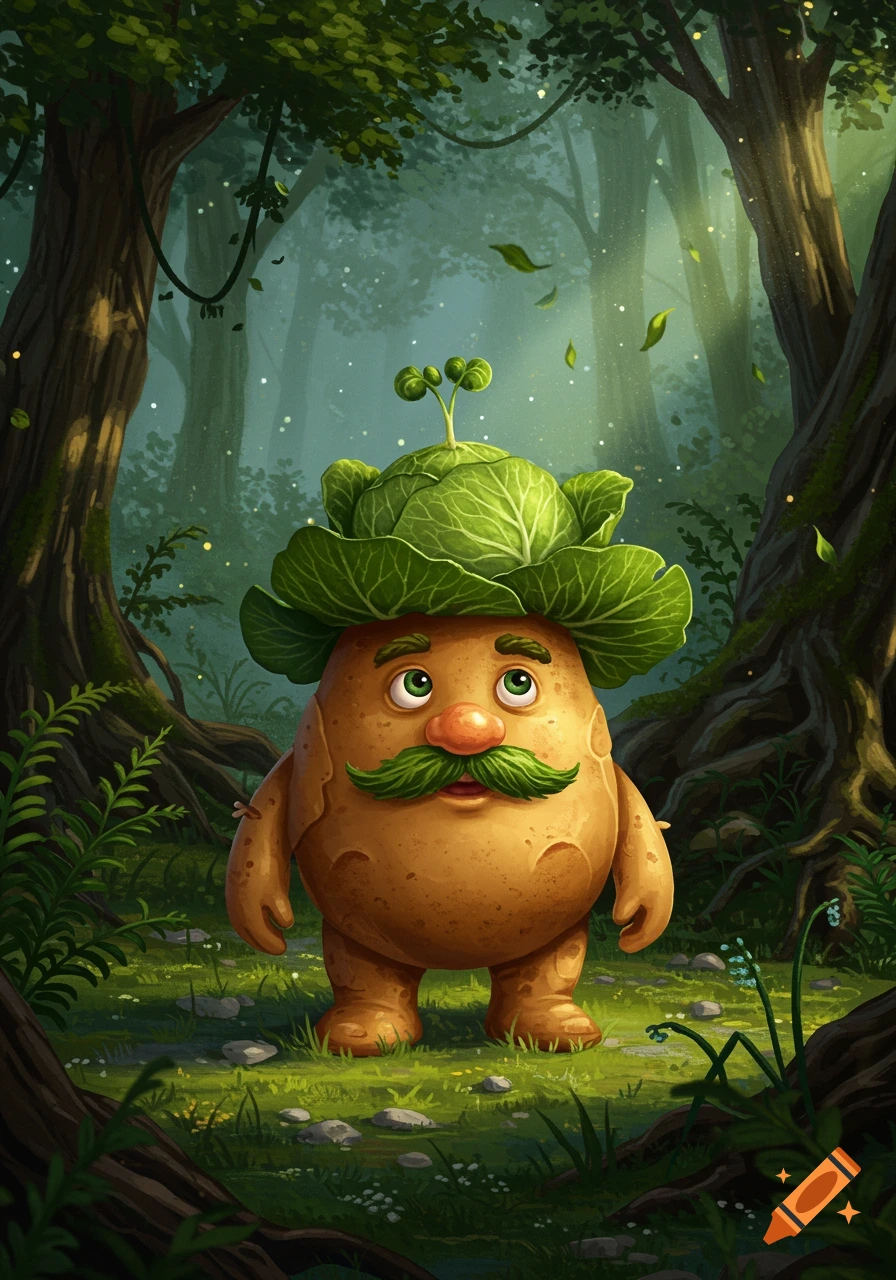 A whimsical illustrated potato character with a cabbage hat and green mustache stands in a magical forest.