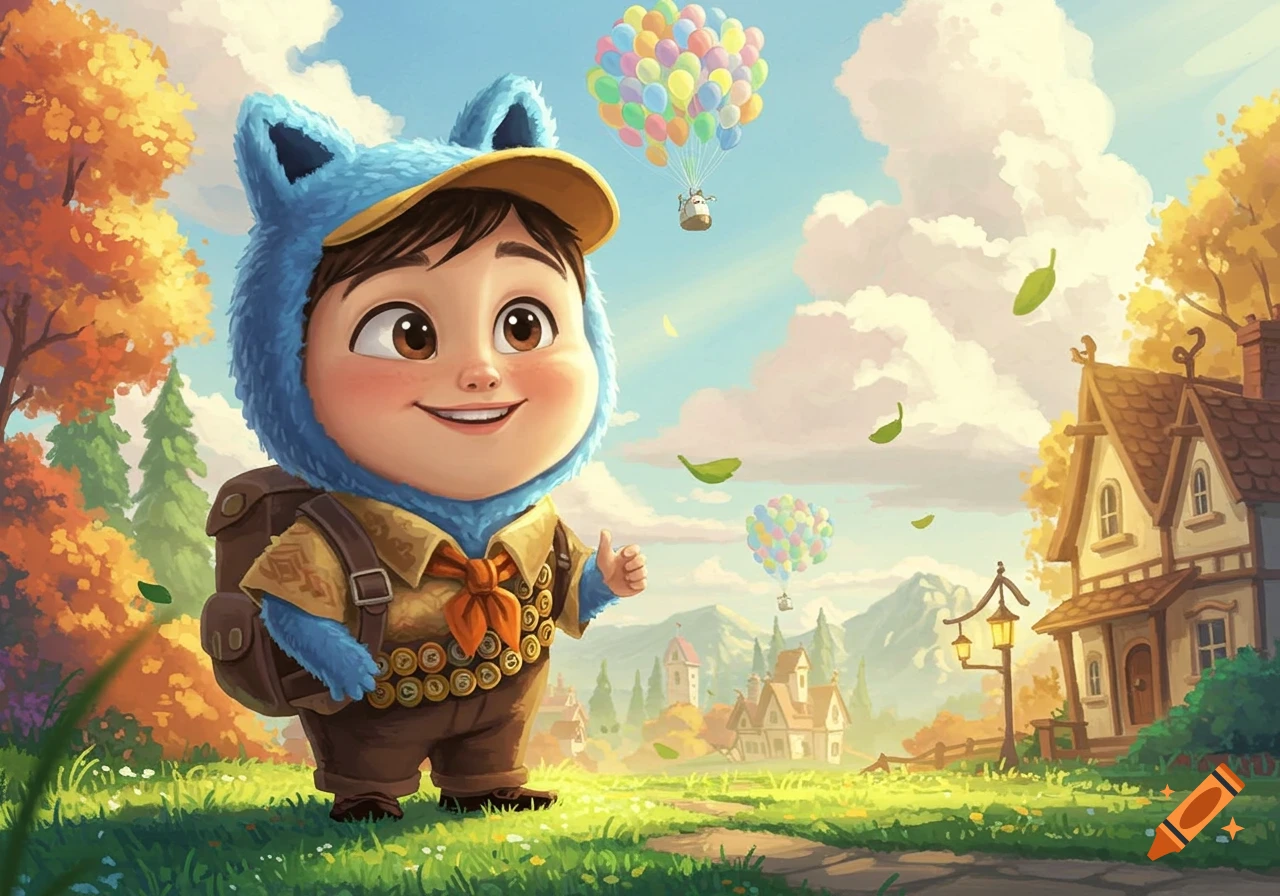 A cute, cartoon boy in a blue fuzzy suit and scout uniform gives a thumbs up in a field with houses and balloons.