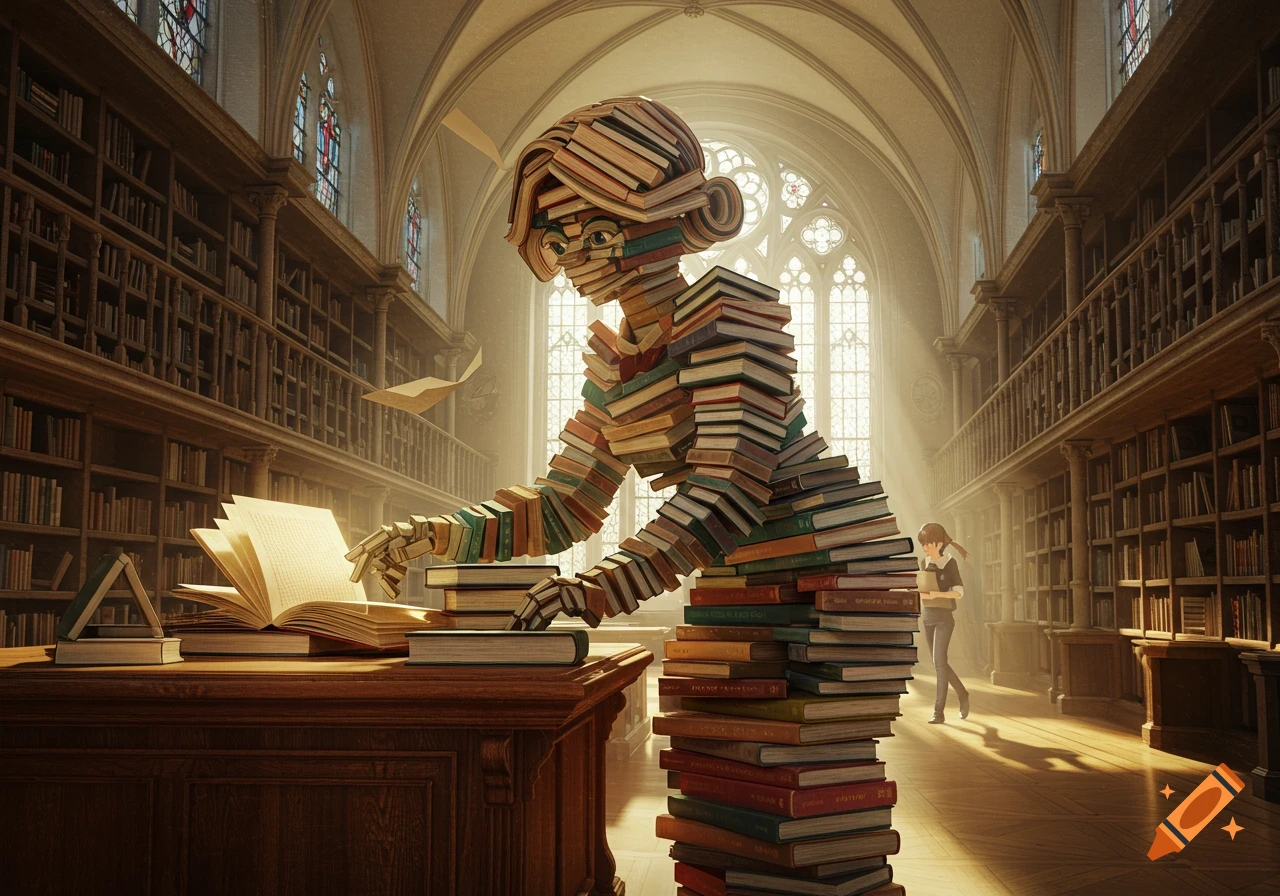 A surreal librarian figure made of stacked books in a grand library, helping a student at a wooden desk filled with books.