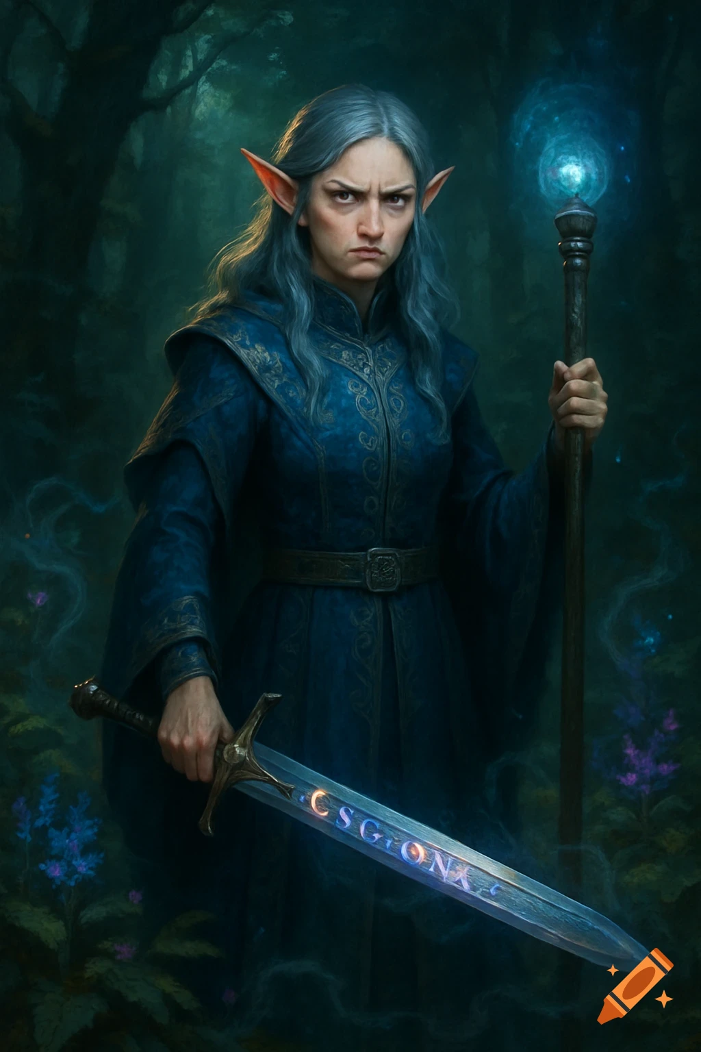 Disgruntled female elf mage in a dark forest holds a glowing sword with visible text and a glowing staff.