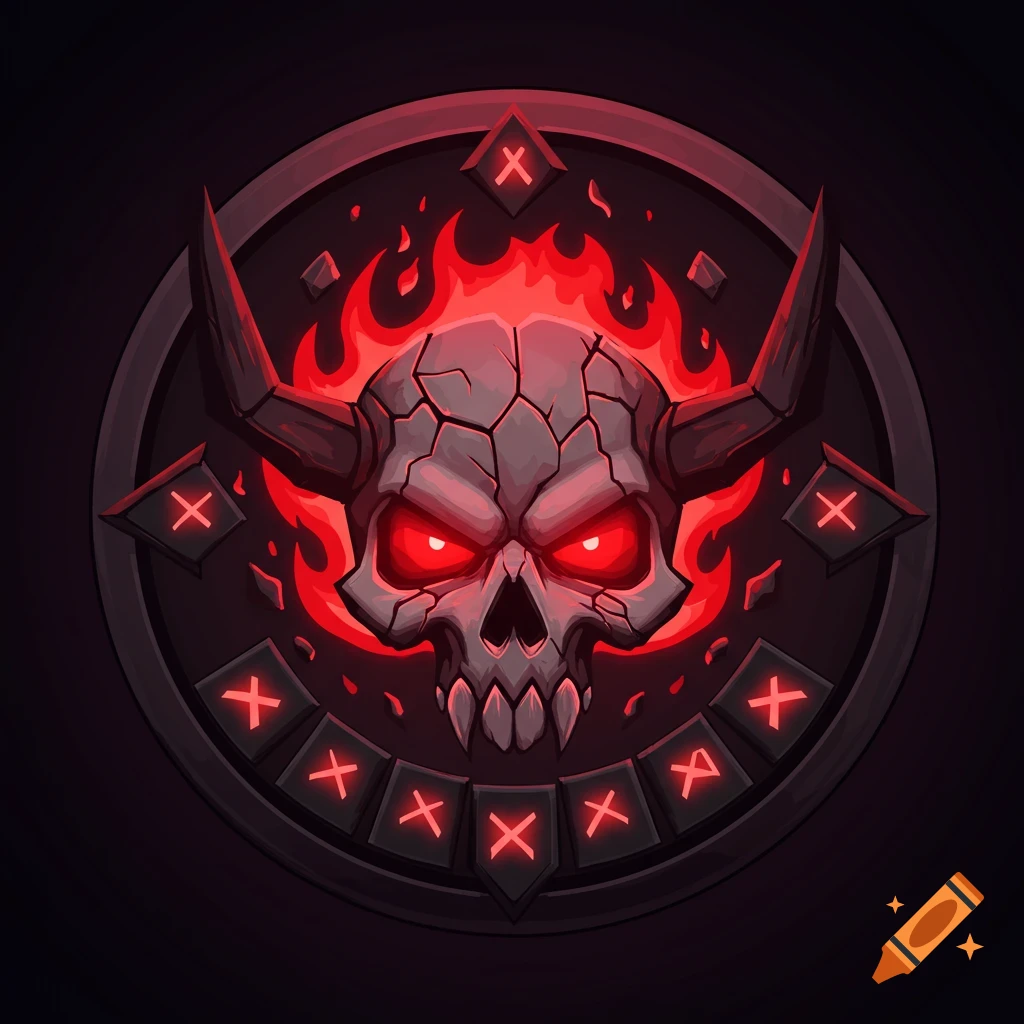 A red and black circular gaming icon featuring a stylized, cracked demon skull with glowing red eyes and horns, surrounded by flames and X runes.