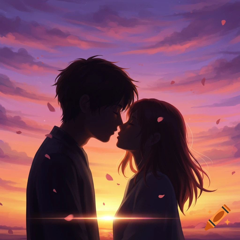 Anime couple embracing at sunset with vibrant pink and orange sky.