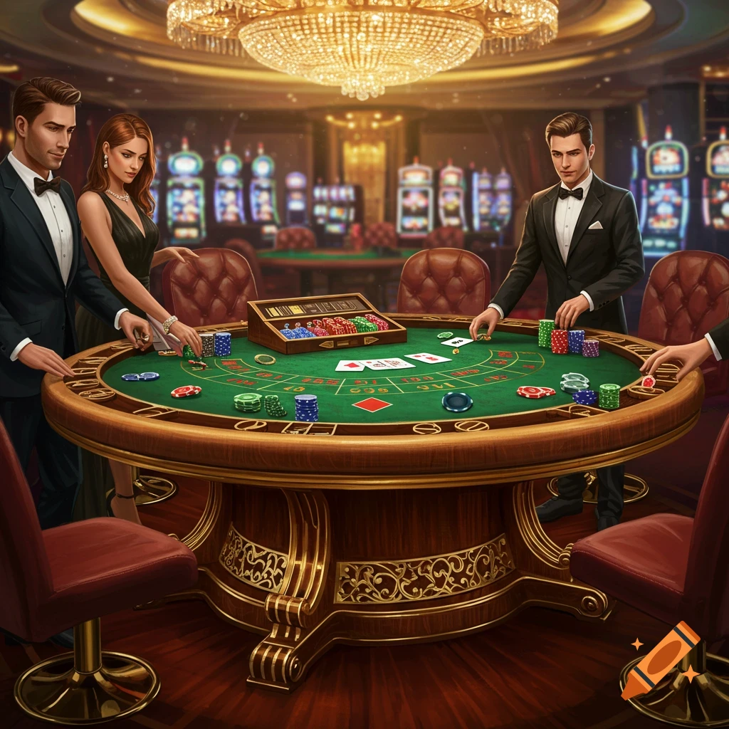 People in formal attire playing cards at a casino table with a poker chip set and slot machines in the background.