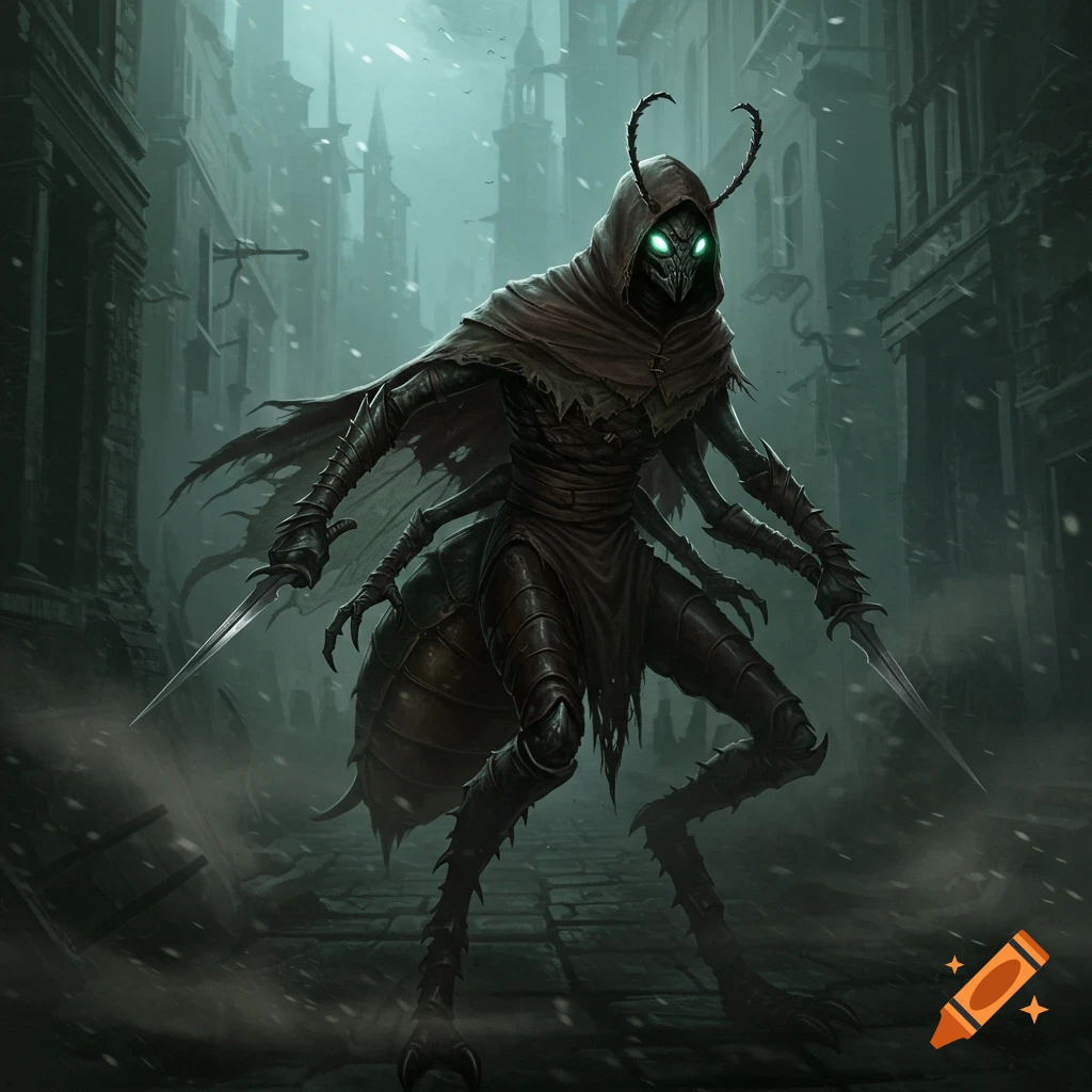 A menacing hooded insectoid creature with glowing green eyes and multiple knife-wielding arms stands in a dark, snowy gothic city street.