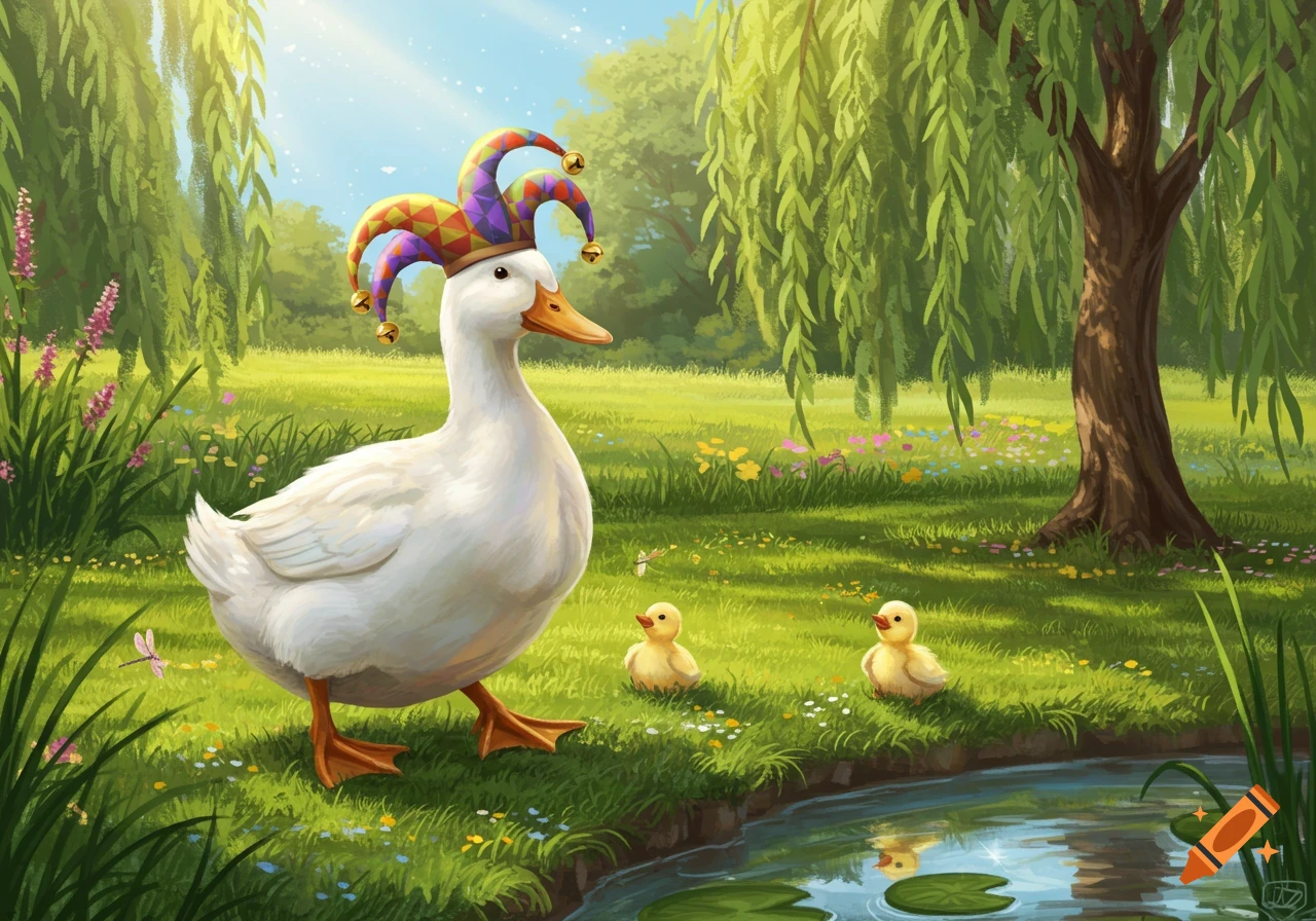 A white duck wearing a colorful jester hat stands with two small ducklings by a pond in a sunlit grassy field, illustration style.