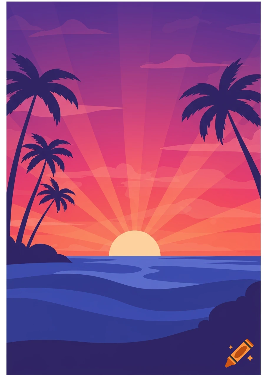 Vector illustration of a vibrant purple and orange sunset over a blue ocean with silhouetted palm trees on a beach.