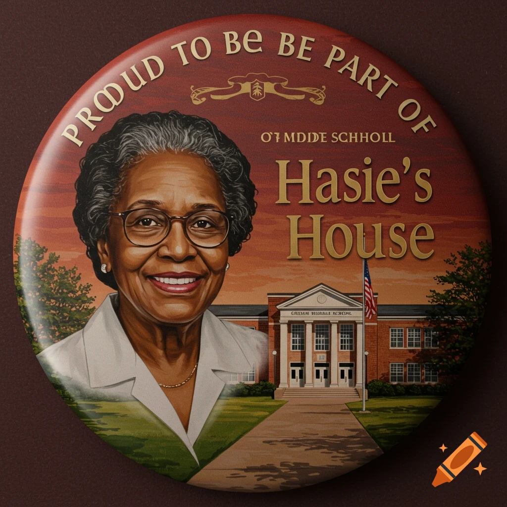 A glossy red commemorative button features a smiling Black woman with gray hair and glasses, next to a brick school building, with text about 'Hasie's House'.