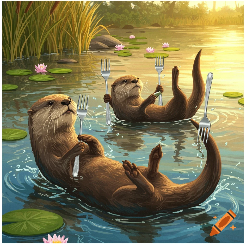 Two otters float on their backs in a sunny pond, each holding a silver fork.