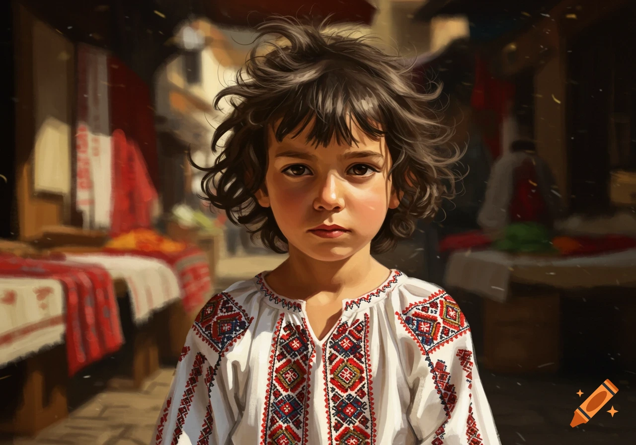 A young child with dark, curly hair wearing a white Romanian embroidered shirt, standing in a painterly market scene.