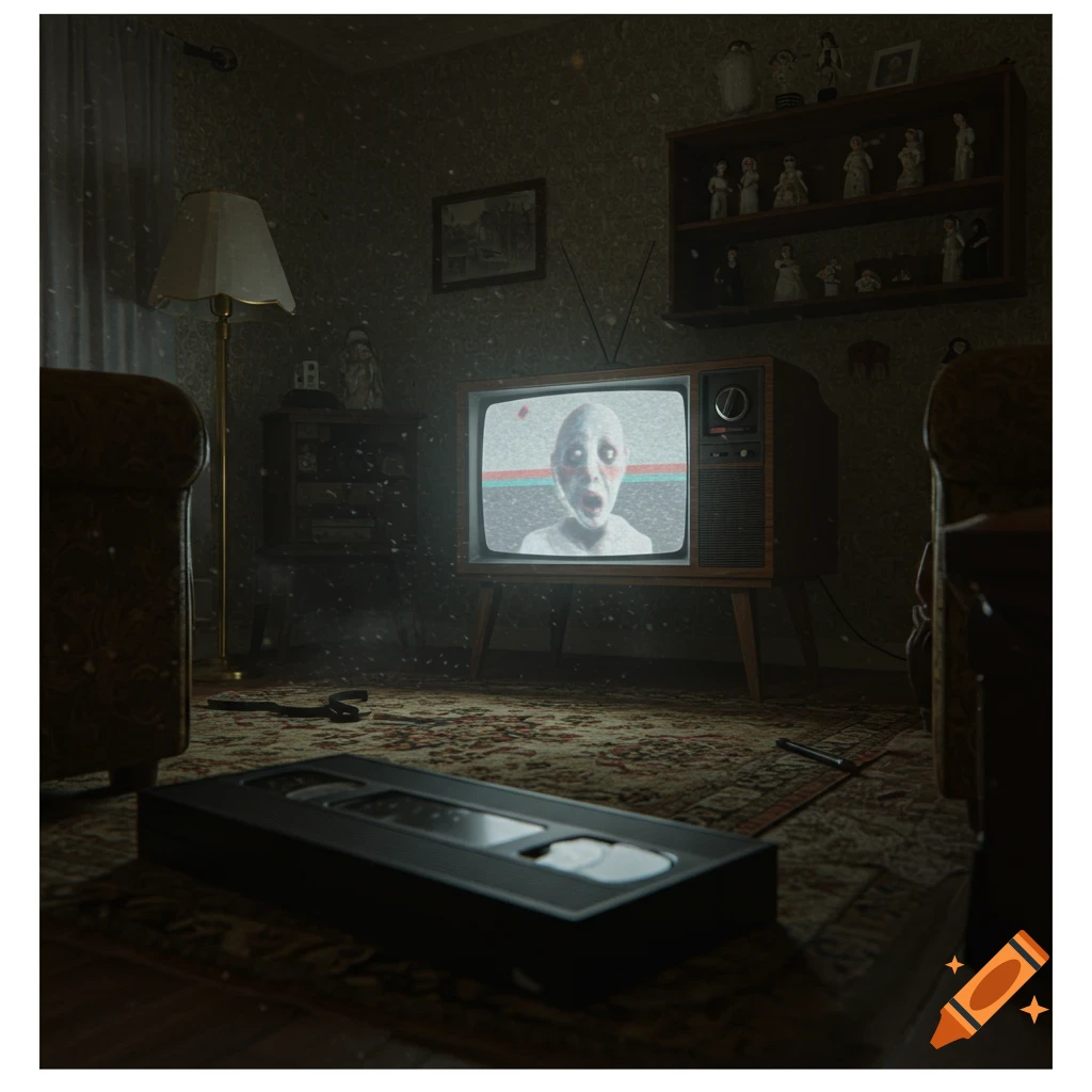 An old television in a dark, dusty room displays a distorted, screaming face amidst static, with a VHS tape on the floor.