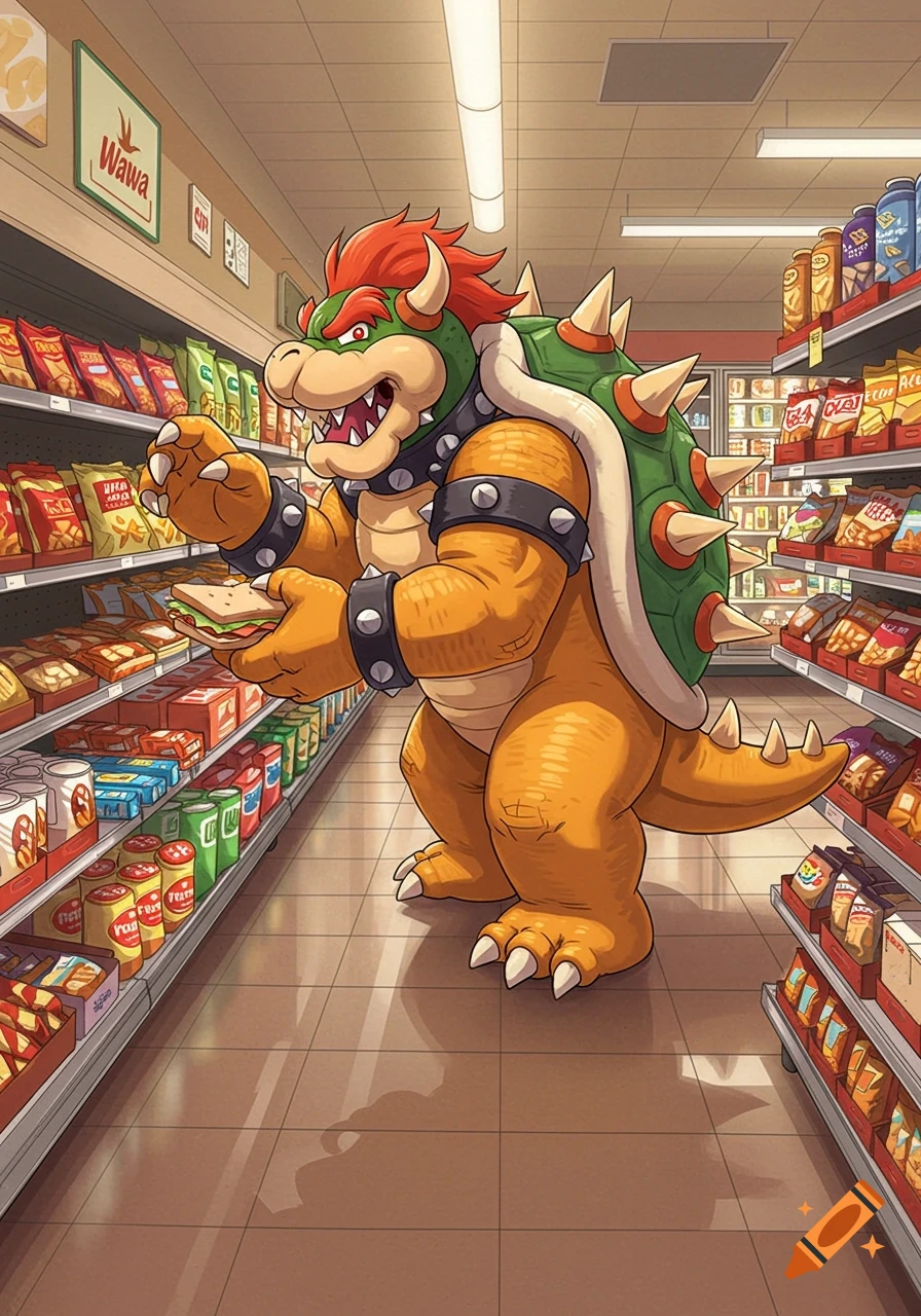 Bowser holding a sandwich in a Wawa convenience store aisle filled with snacks, cartoon style.