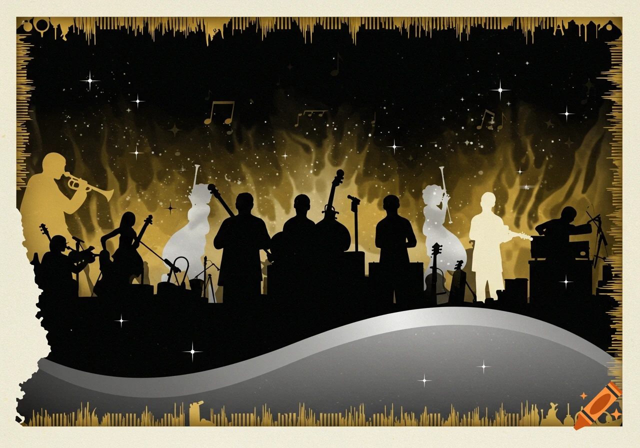 Silhouettes of musicians and instruments on a stage with a golden, flame-like background and musical notes, within a decorative border.