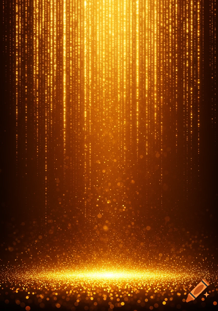 Dark background with shimmering golden particle light rays falling from the top, gathering in a bright glow at the bottom.