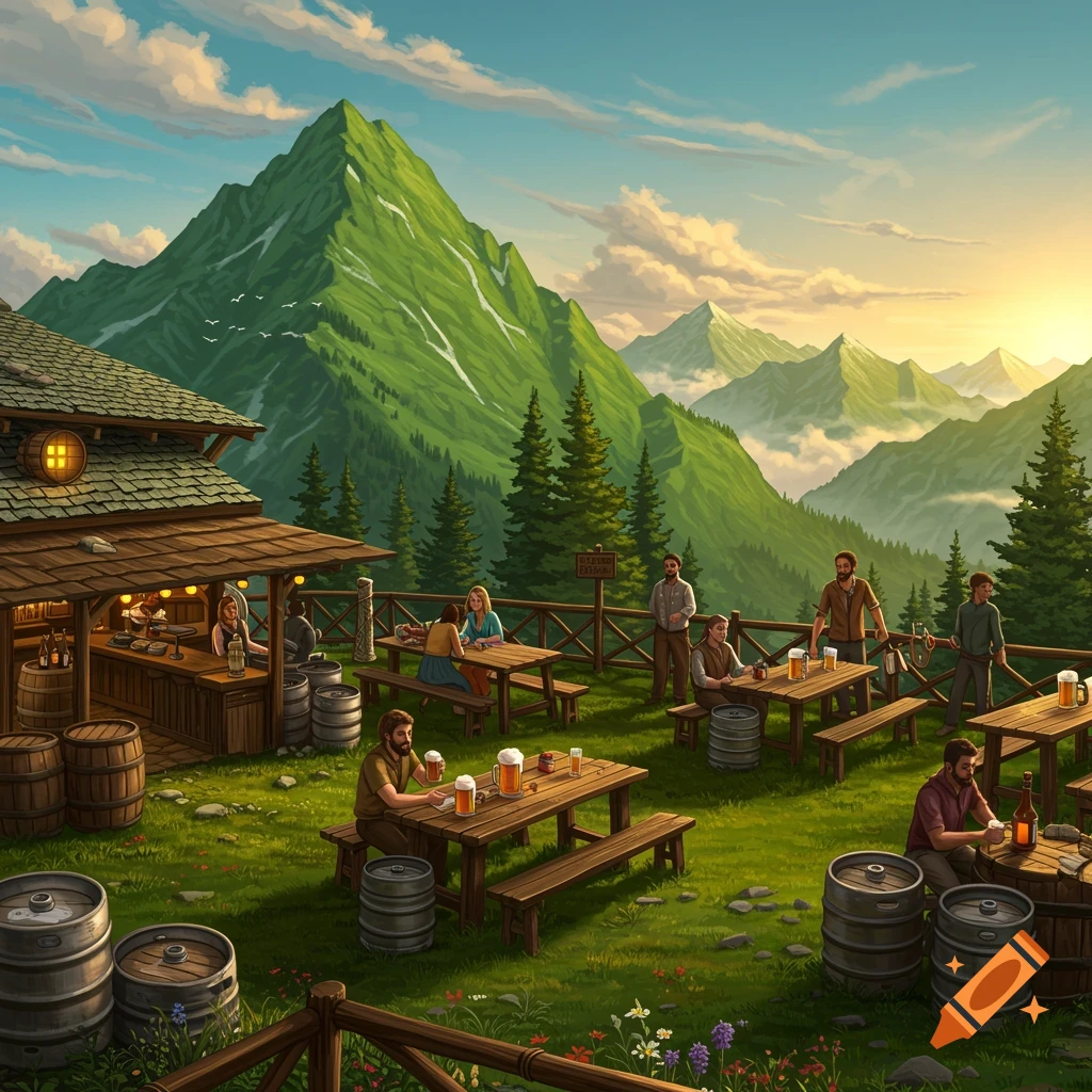 An artistic illustration of an open-air brewery nestled in a vibrant green mountain range with people enjoying drinks at wooden tables, bathed in sunset light.