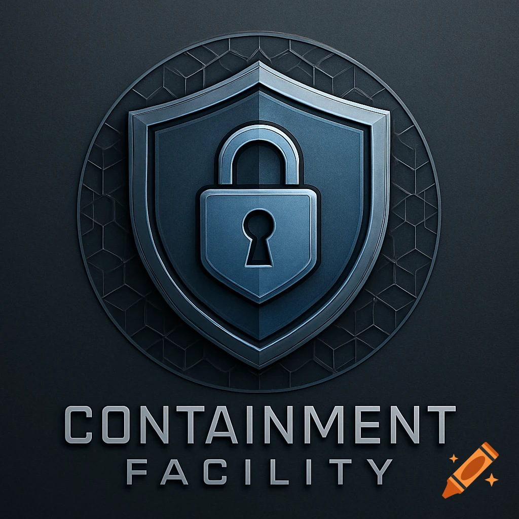 A dark blue and silver metallic logo featuring a shield with a padlock, above the words 'CONTAINMENT FACILITY'.