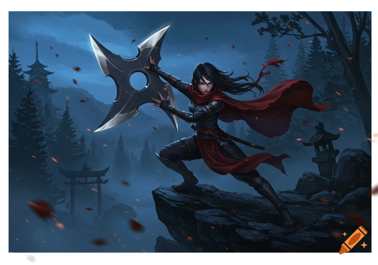 A female ninja with long black hair and a red cape stands on a rocky cliff, holding a large shuriken. Pagodas and trees are in the misty blue background in a digital art style.