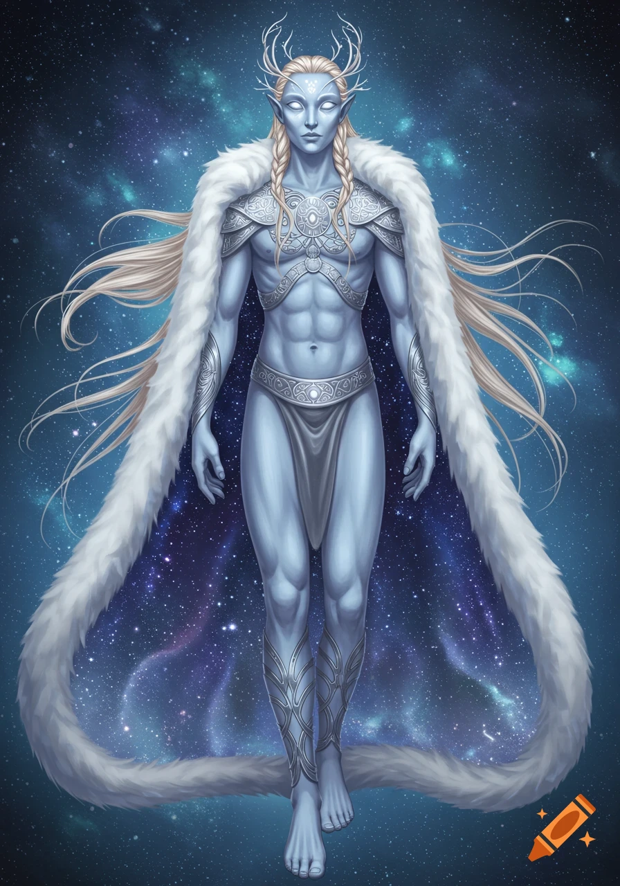 A tall, pale blue-skinned fantasy character with antlers, long blonde braids, and silver armor, wearing a white fur cloak, standing against a starry blue cosmic background.