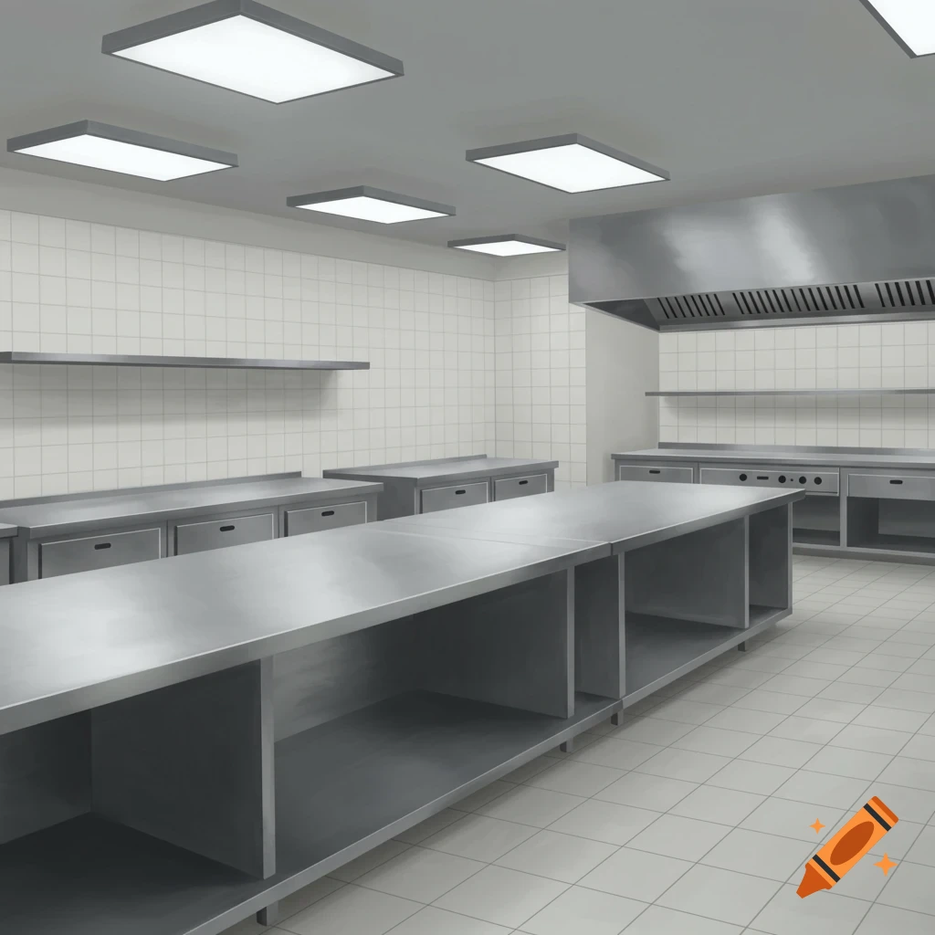 A bright, modern commercial kitchen with stainless steel counters, white tiled walls, and industrial overhead lighting.