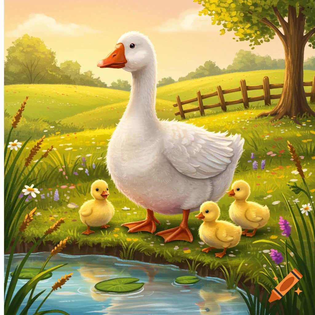 An idyllic illustration of a white mother goose and three yellow ducklings by a pond in a sunny, green field with wildflowers.